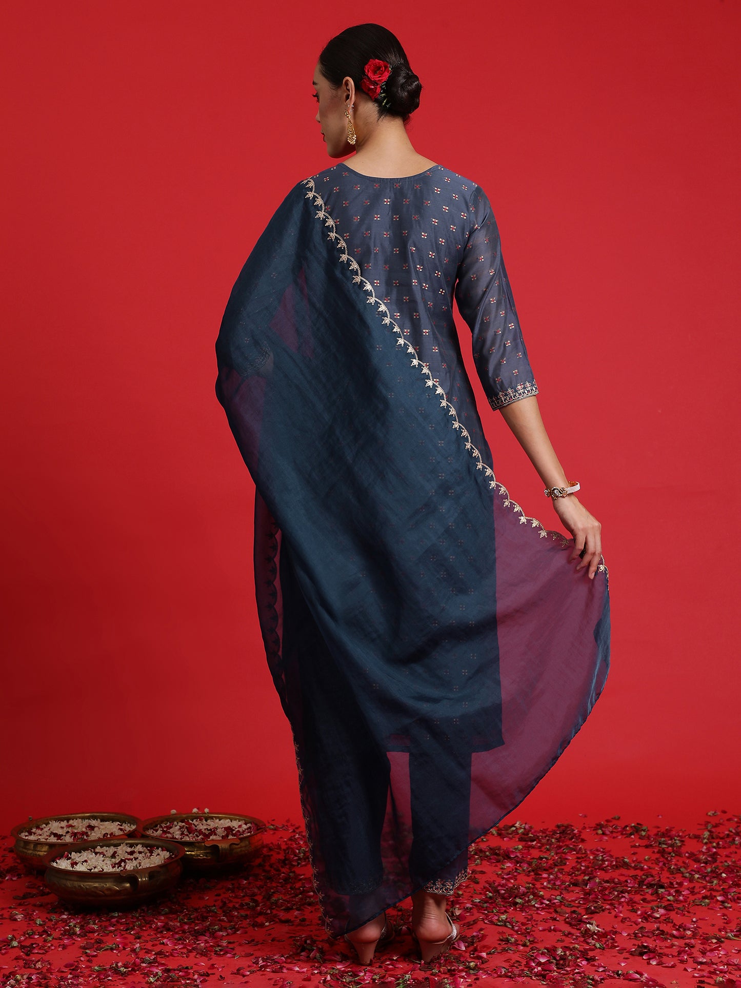 IE Blue Embroidered Straight Kurta Trousers With Dupatta Set