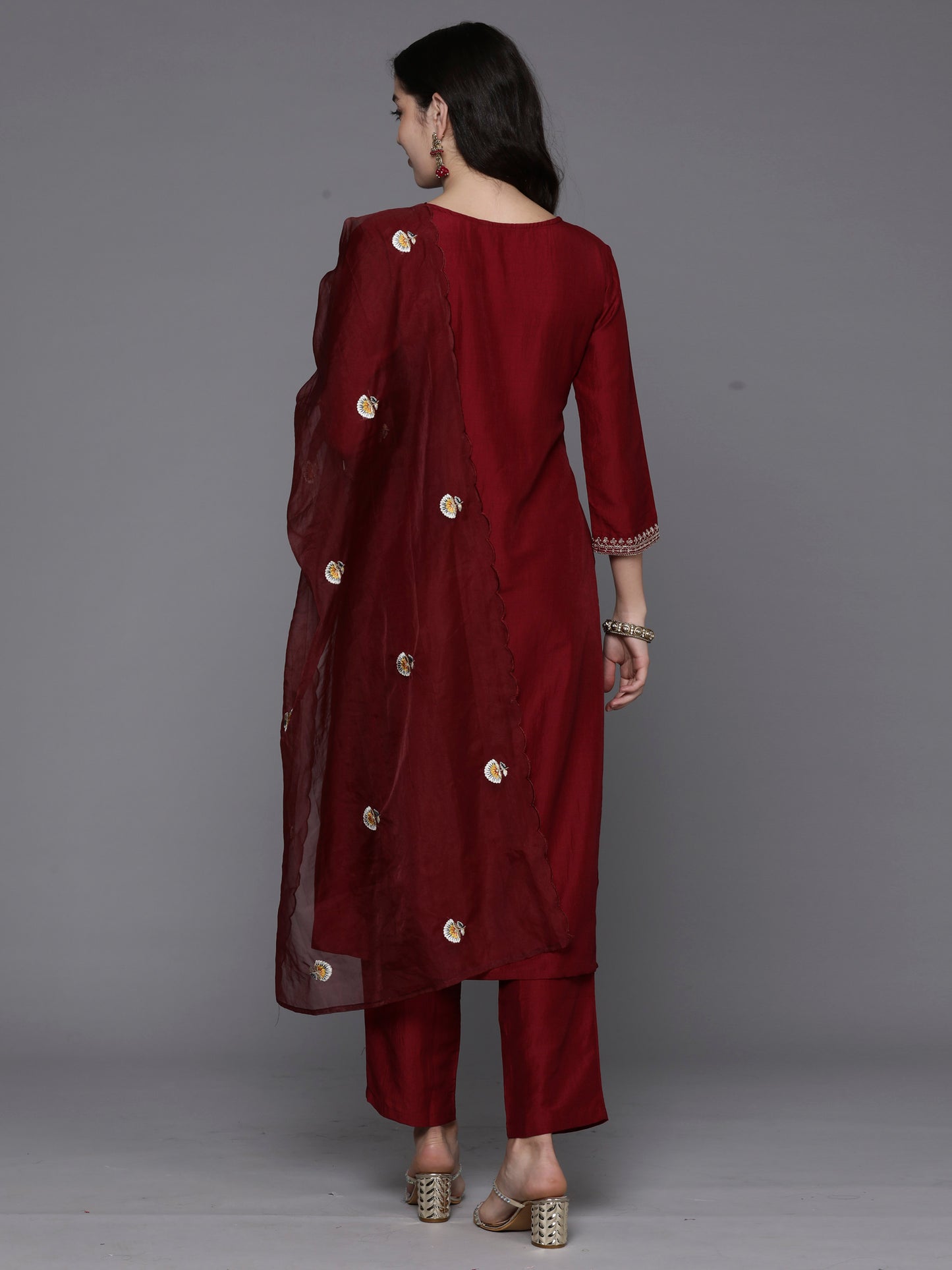 IE Maroon Embroidered Straight Kurta Trousers With Dupatta Set