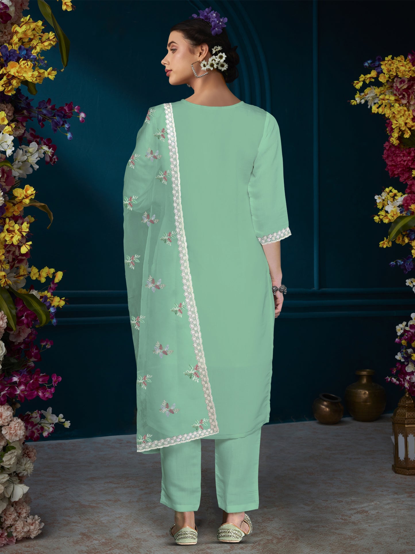 IE Green Straight Embroidered Kurta Trousers With Dupatta Set