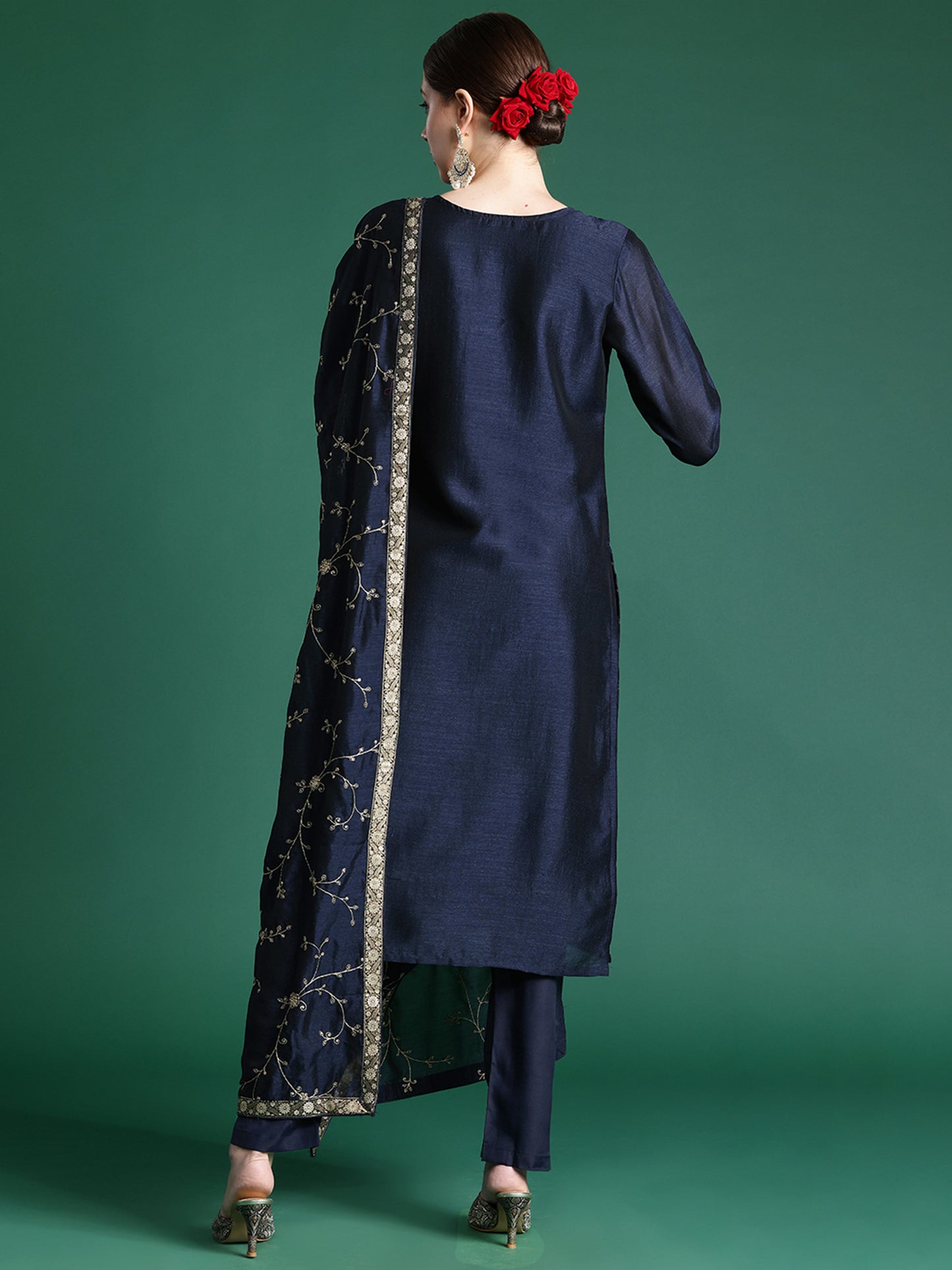 IE Blue Embroidered Straight Kurta Trousers With Dupatta set