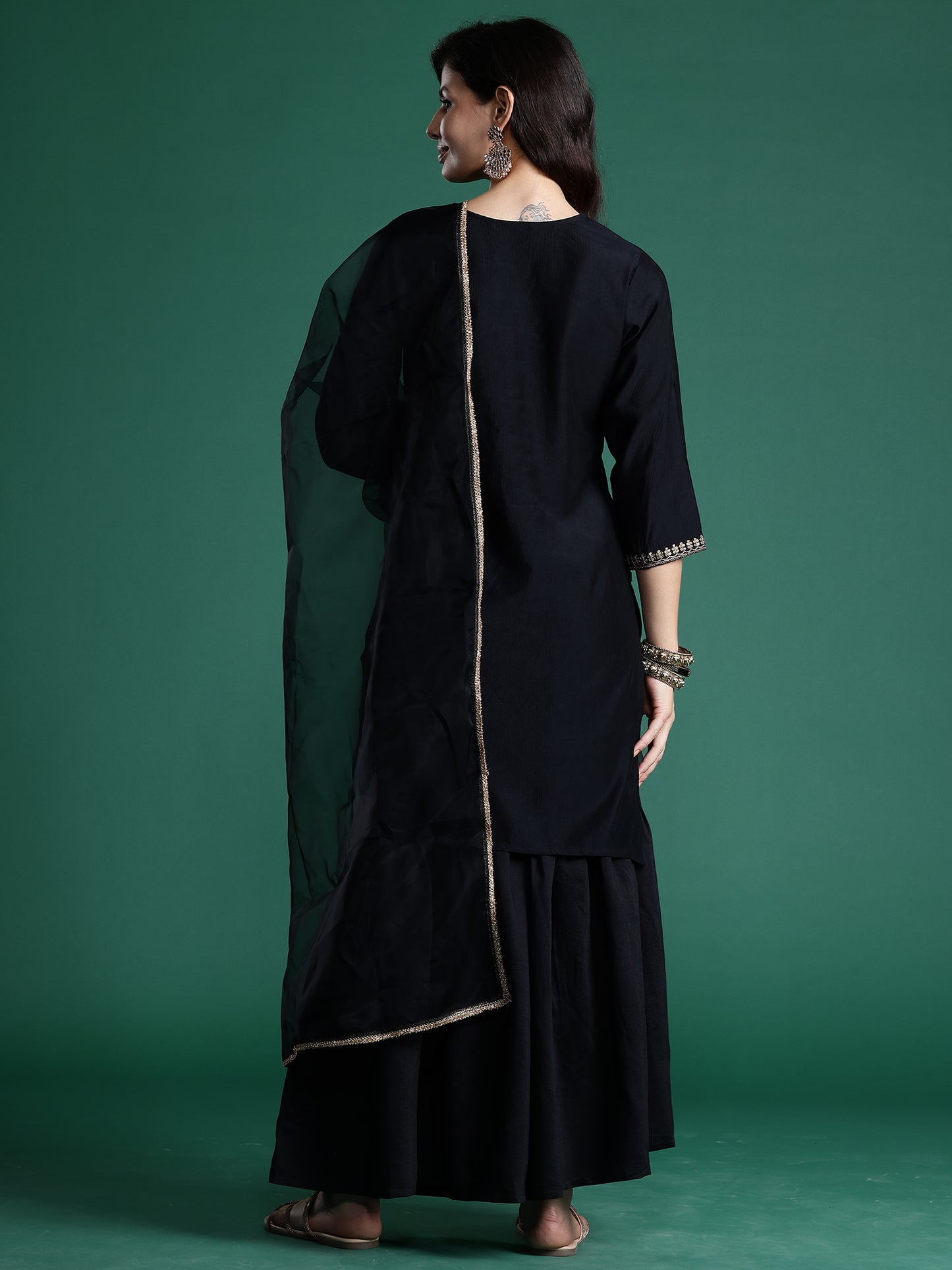 IE Black Embroidered Straight Kurta Sharara With Dupatta  Set