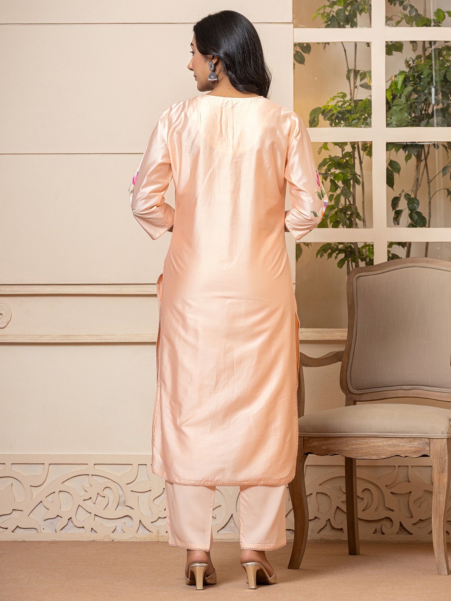 IE Peach Printed Straight Kurta Trousers With Dupatta set