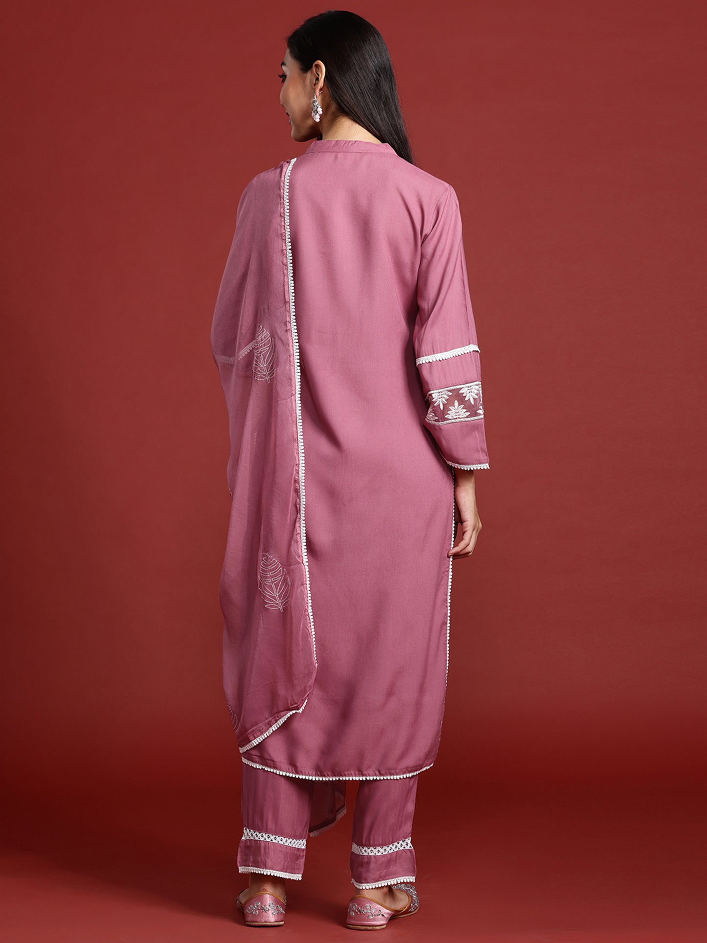 IE Mauve Embroidered Straight Kurta Trousers With Dupatta set