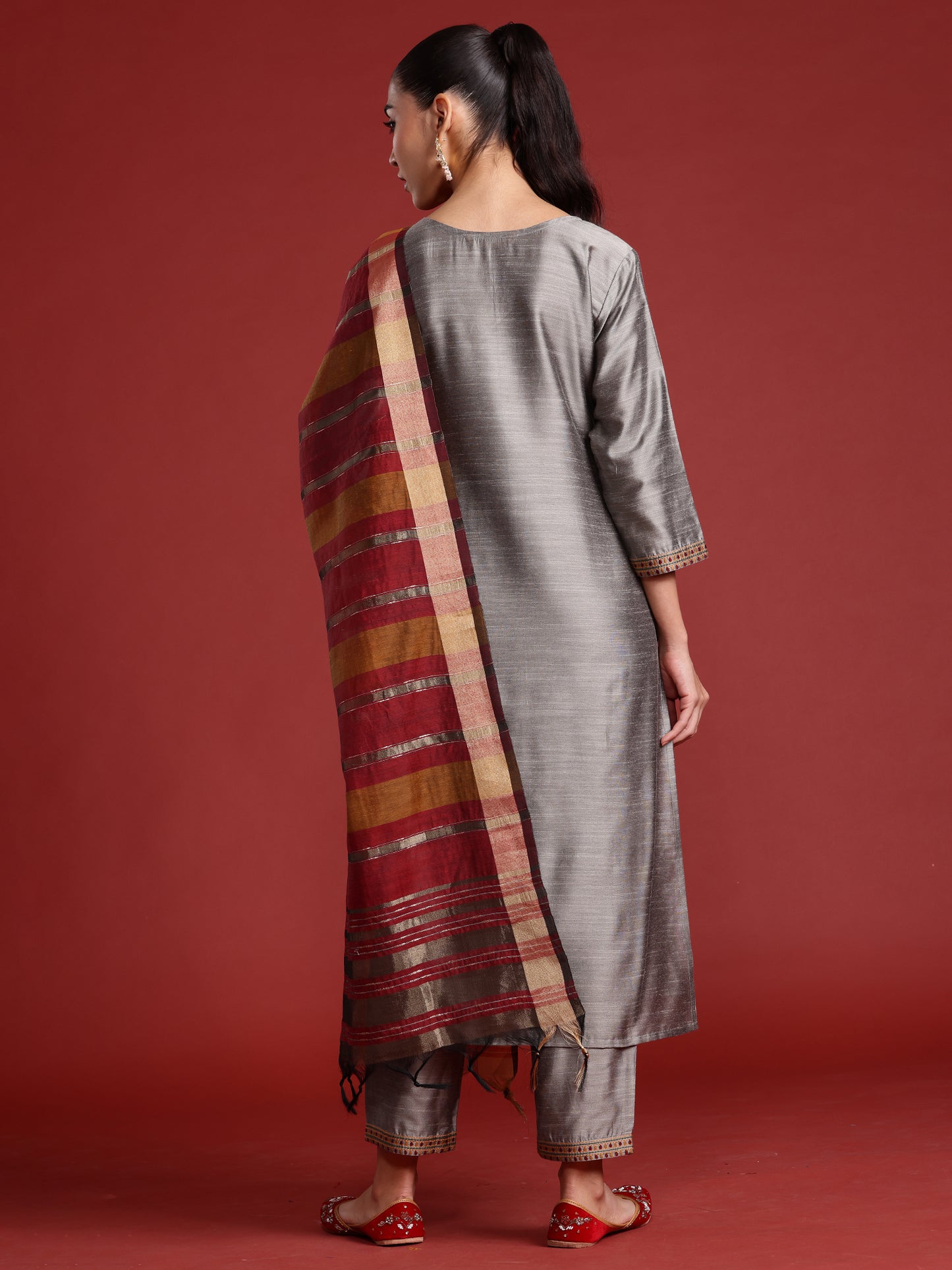 IE Grey Embroidered Straight Kurta Trousers With Dupatta  Set