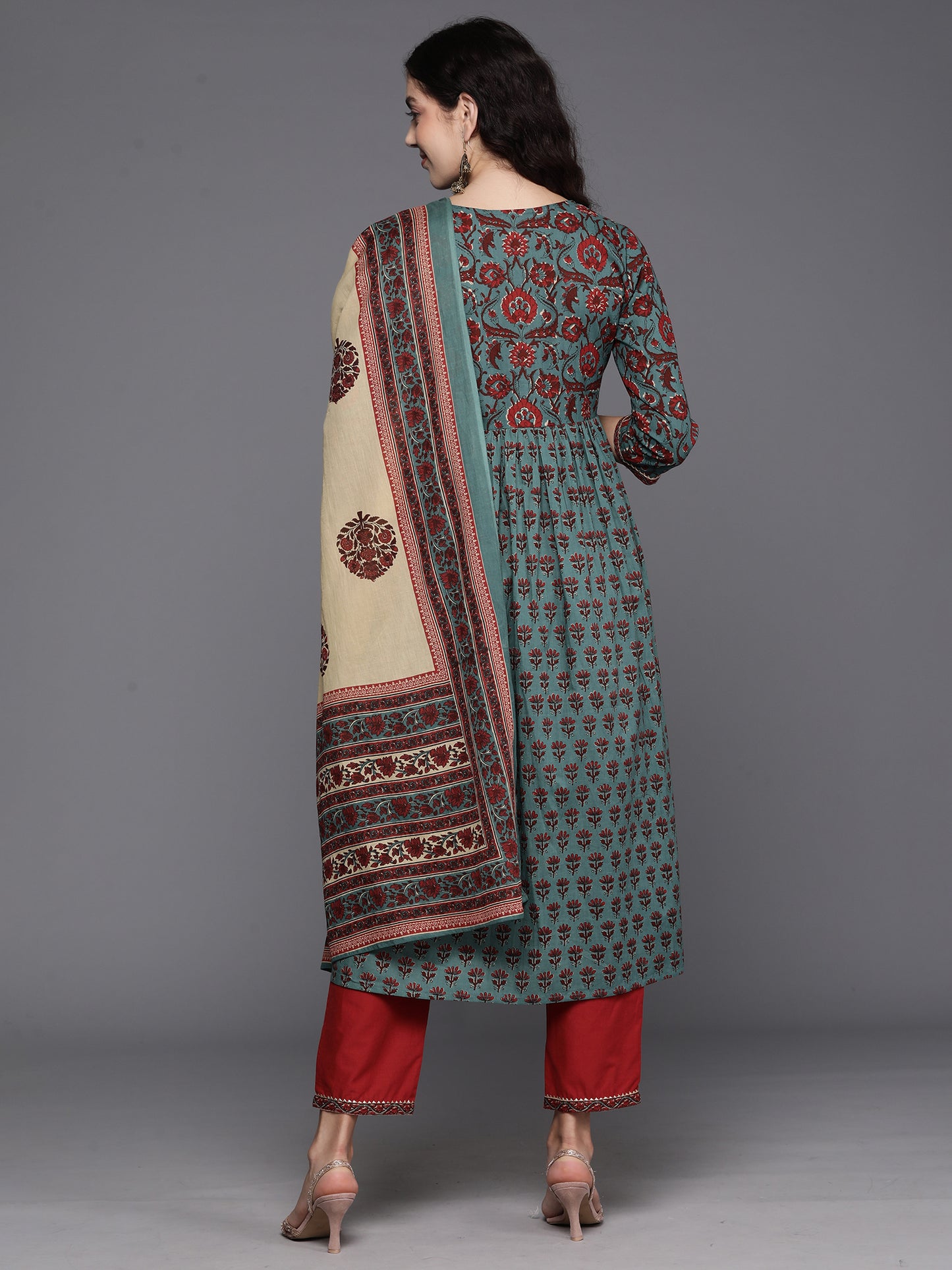 IE Teal Printed A-Line Kurta Trousers With Dupatta Set