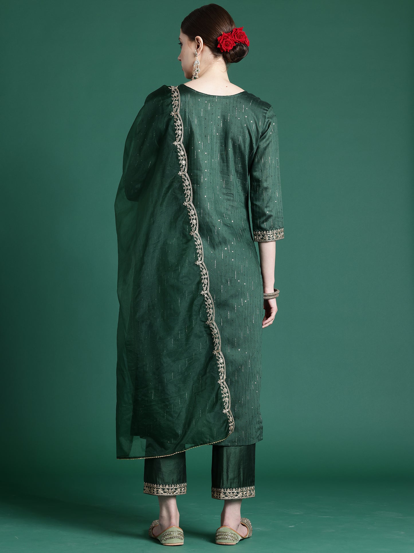 IE Green Embroidered Straight Kurta Trousers With Dupatta set