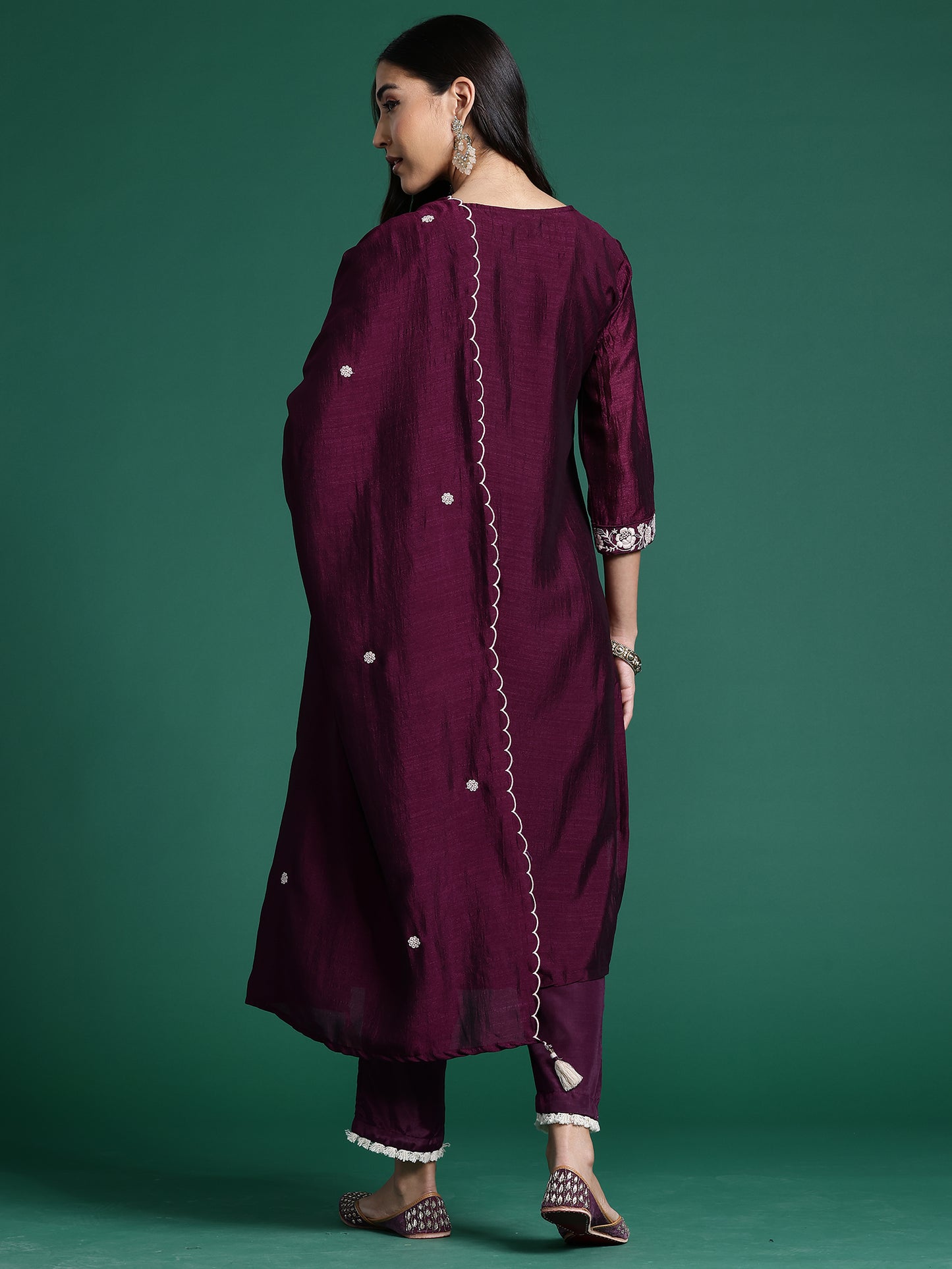 IE Burgandy Straight Embroidered Kurta Trousers With Dupatta Set