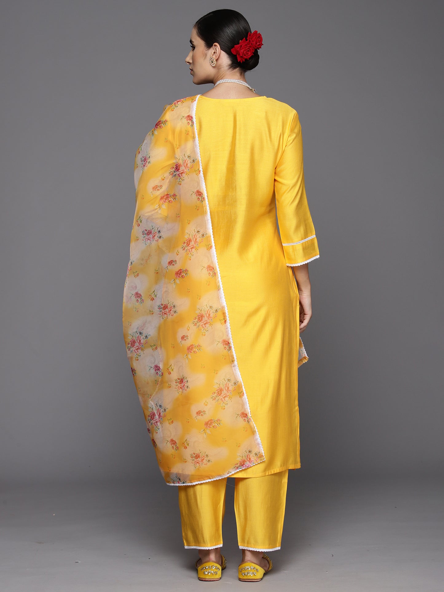 IE Yellow Embroidered Straight Kurta Trousers With Dupatta Set