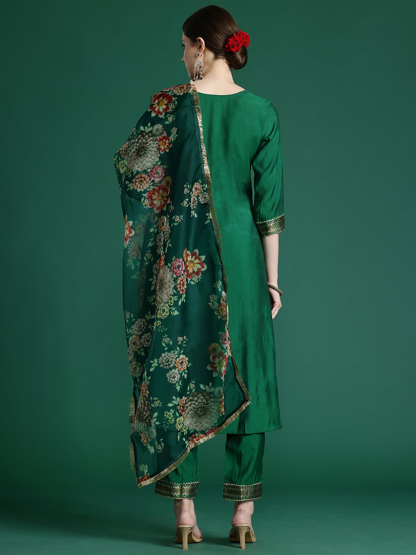 IE Green Yoke Design A-Line Kurta Trousers With Dupatta set