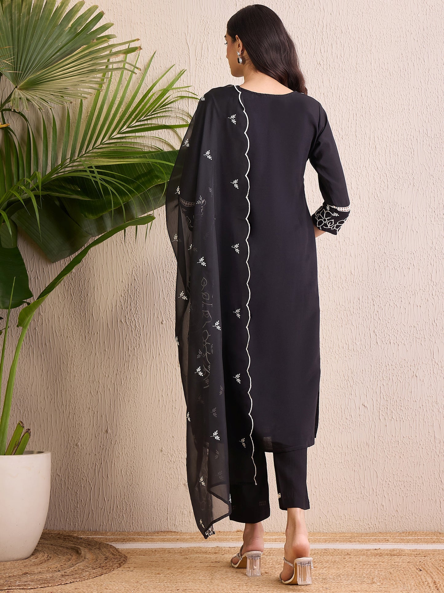 IE Black Embroidered Straight Kurta Trousers With Dupatta Set