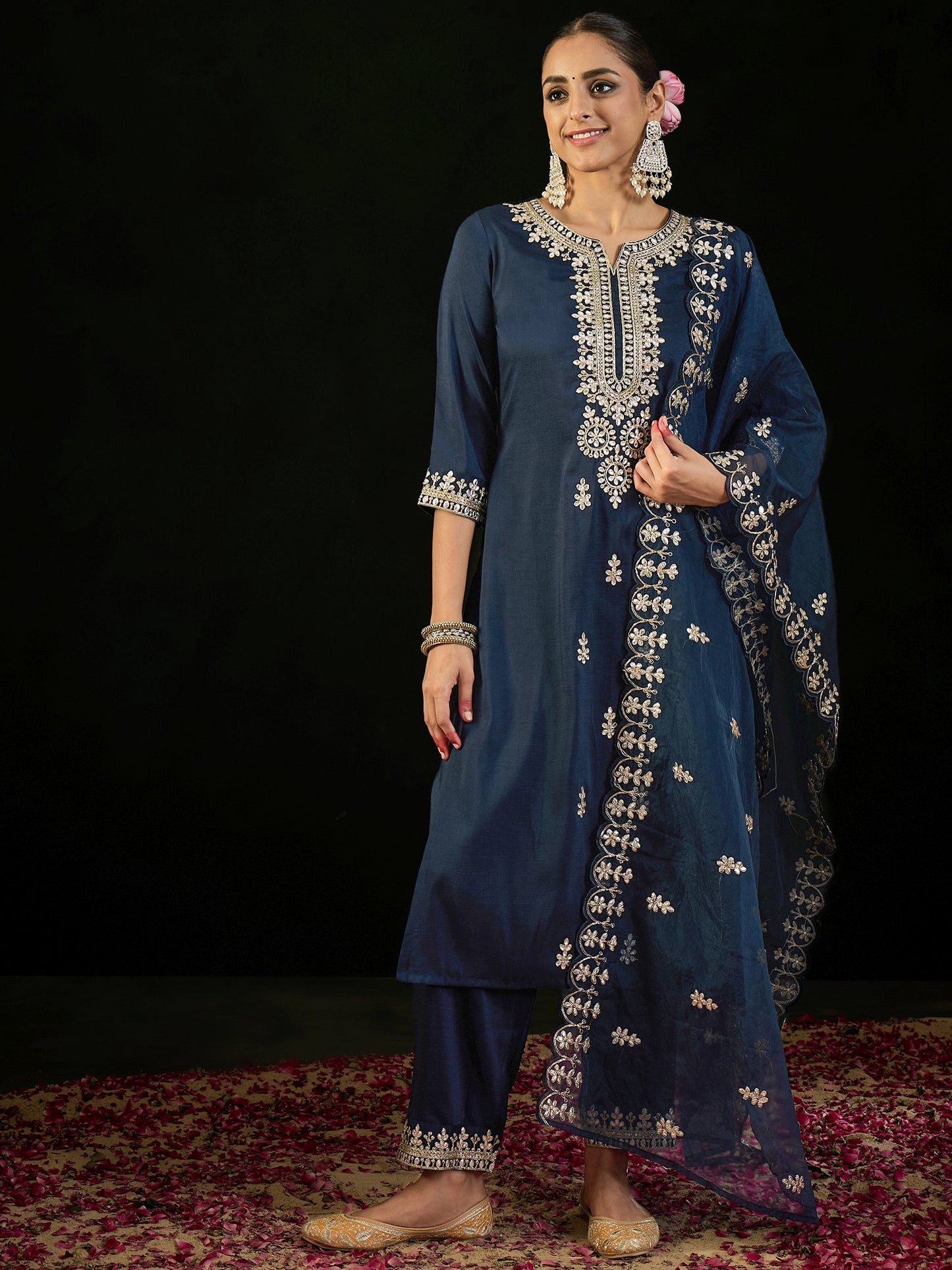 IE Navy Blue Embroidered Straight Kurta Trousers With Dupatta set