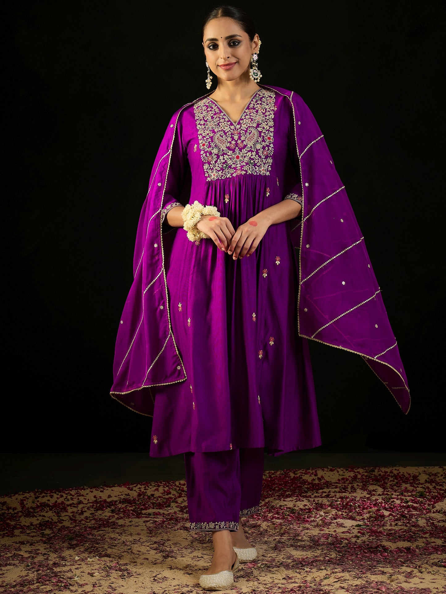 IE Purple Embroidered A-Line Kurta Trousers With Dupatta set