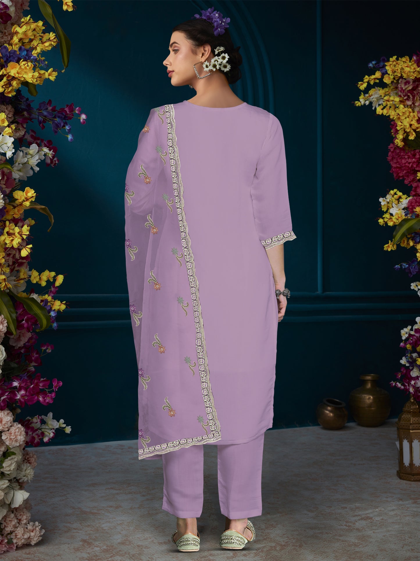 IE Lavender Straight Embroidered Kurta Trousers With Dupatta Set