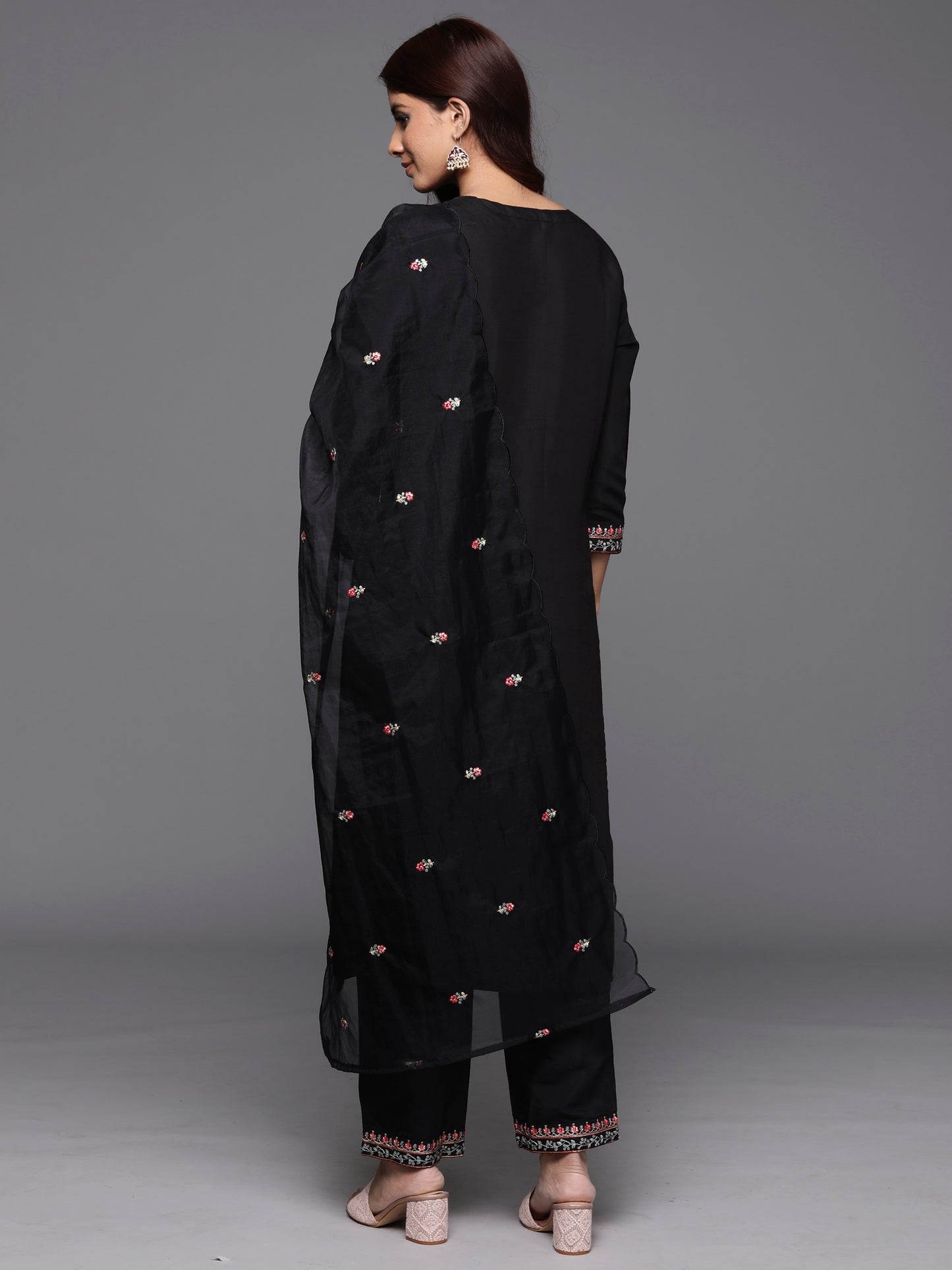 IE Black Embroidered Straight Kurta Trousers With Dupatta Set