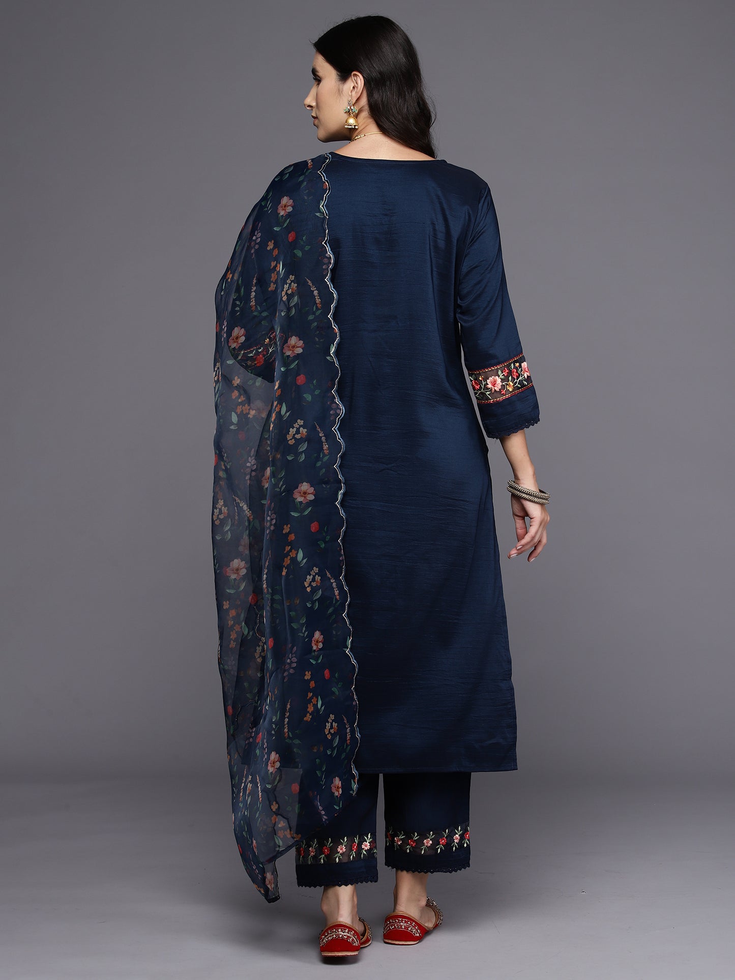 IE Blue Embroidered Straight Kurta Trousers With Dupatta Set