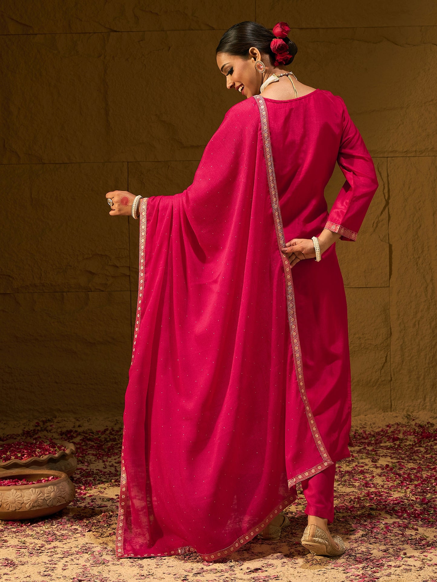 IE Magenta Embroidered Straight Kurta Trousers With Dupatta set