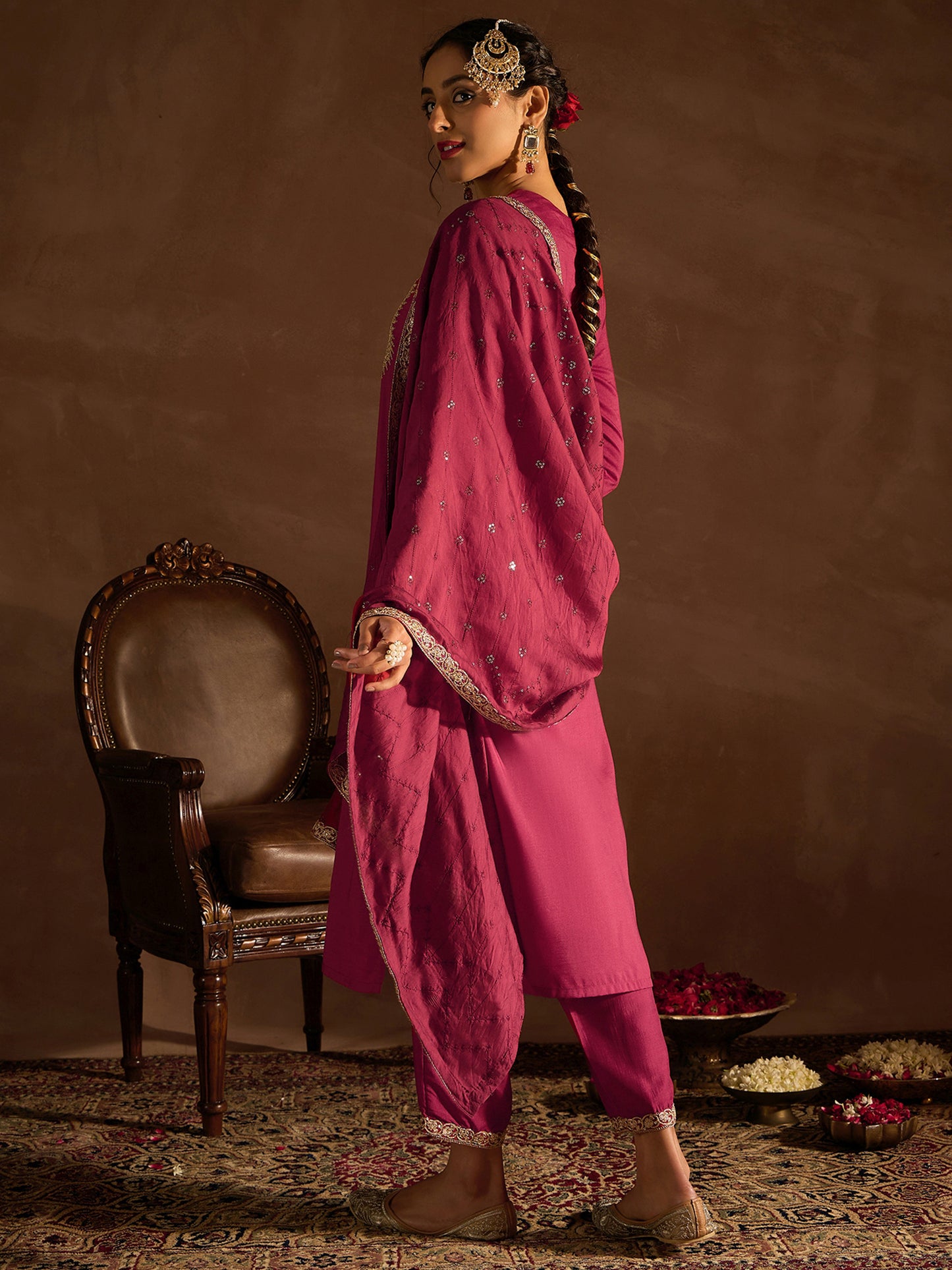 IE Red Embroidered Straight Kurta Trousers With Dupatta set