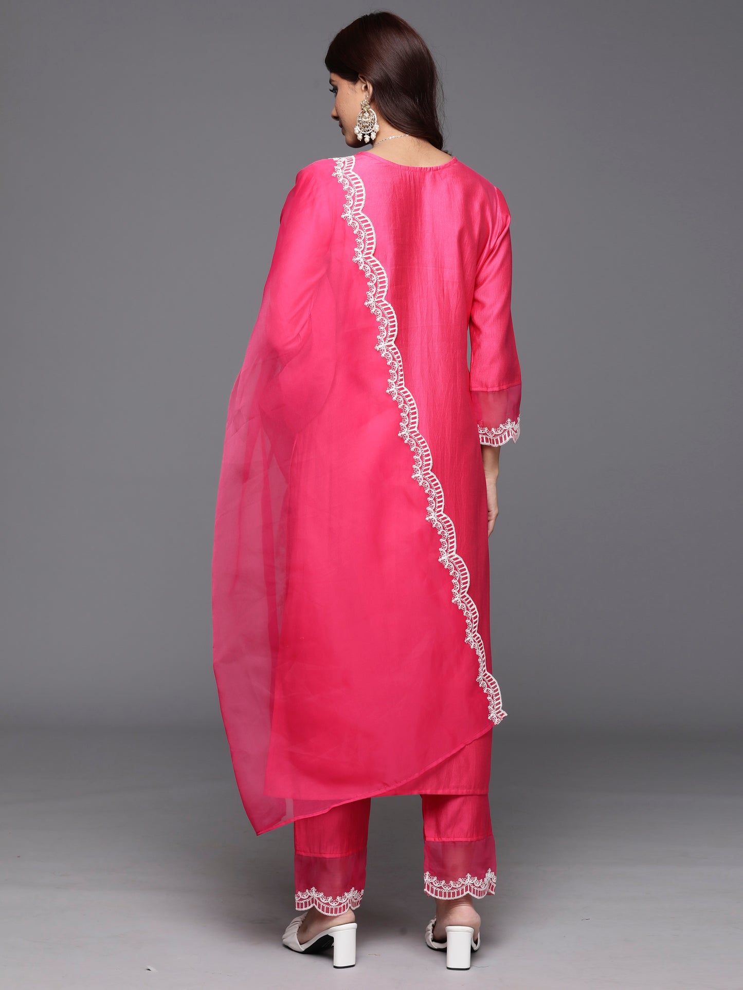 IE Pink Embroidered Straight Kurta Trousers With Dupatta Set