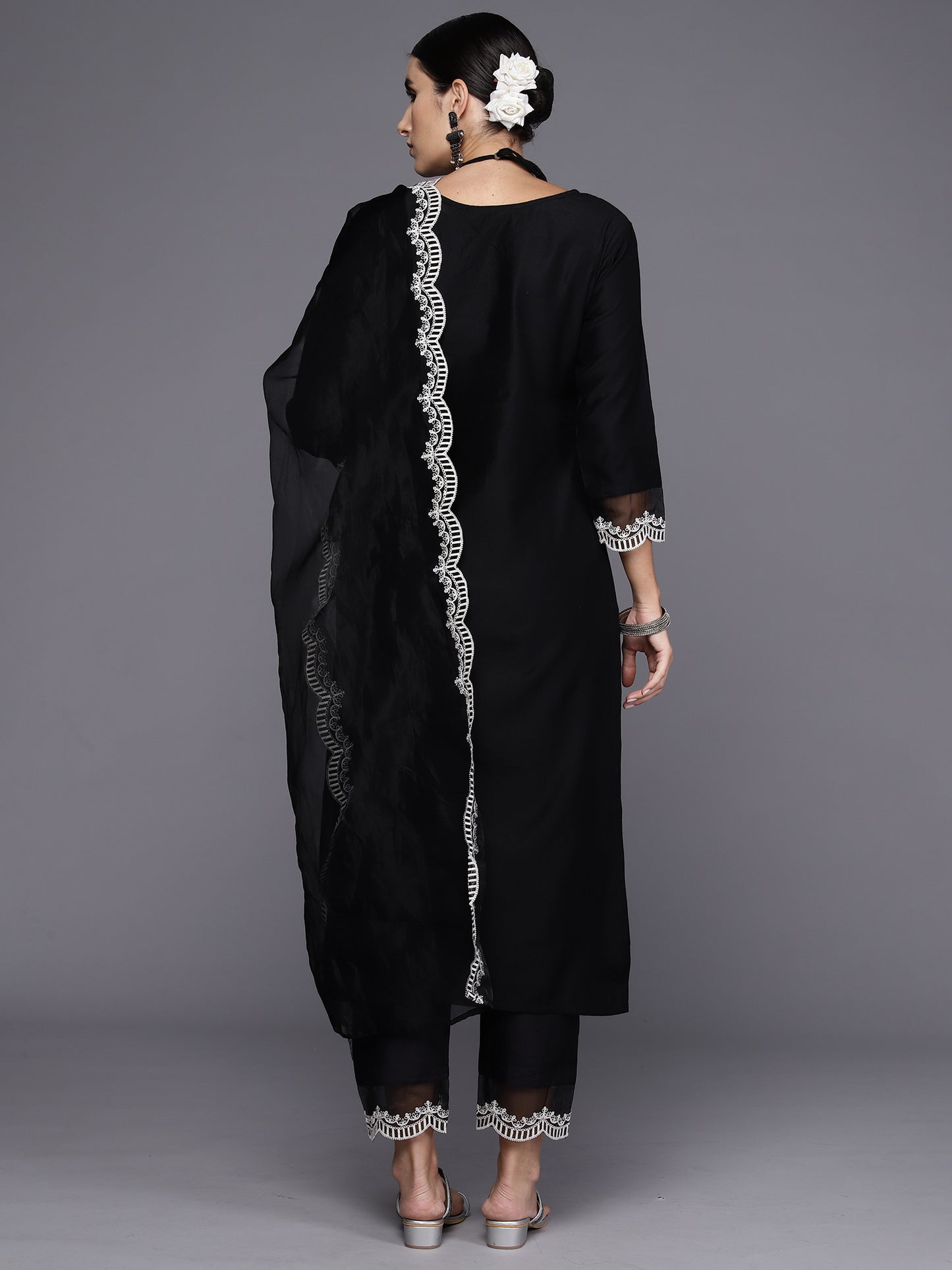 IE Black Embroidered Straight Kurta Trousers With Dupatta Set