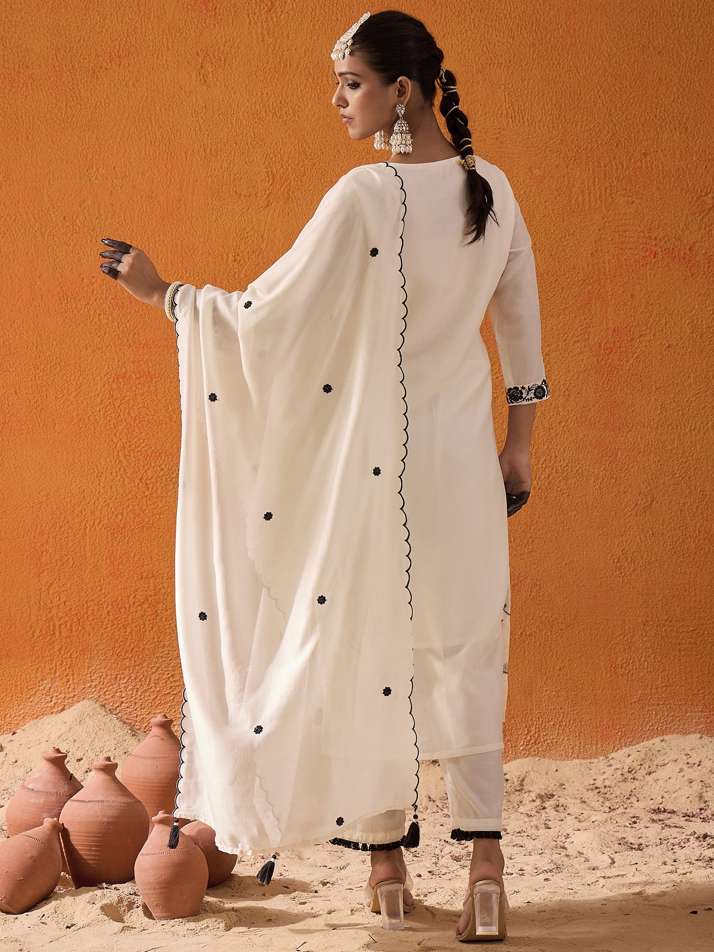 IE White Straight Embroidered Kurta Trousers With Dupatta Set