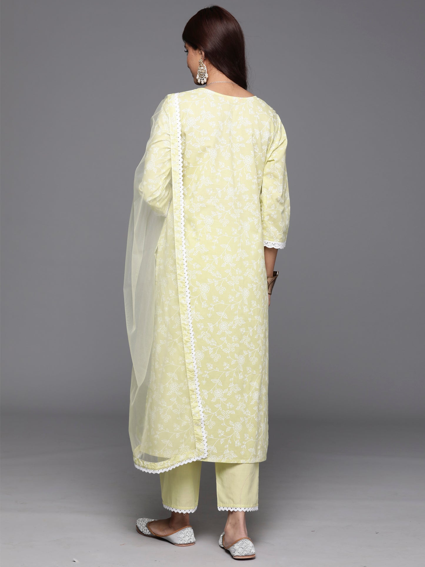 IE Green Embroidered Straight Kurta Trousers With Dupatta Set