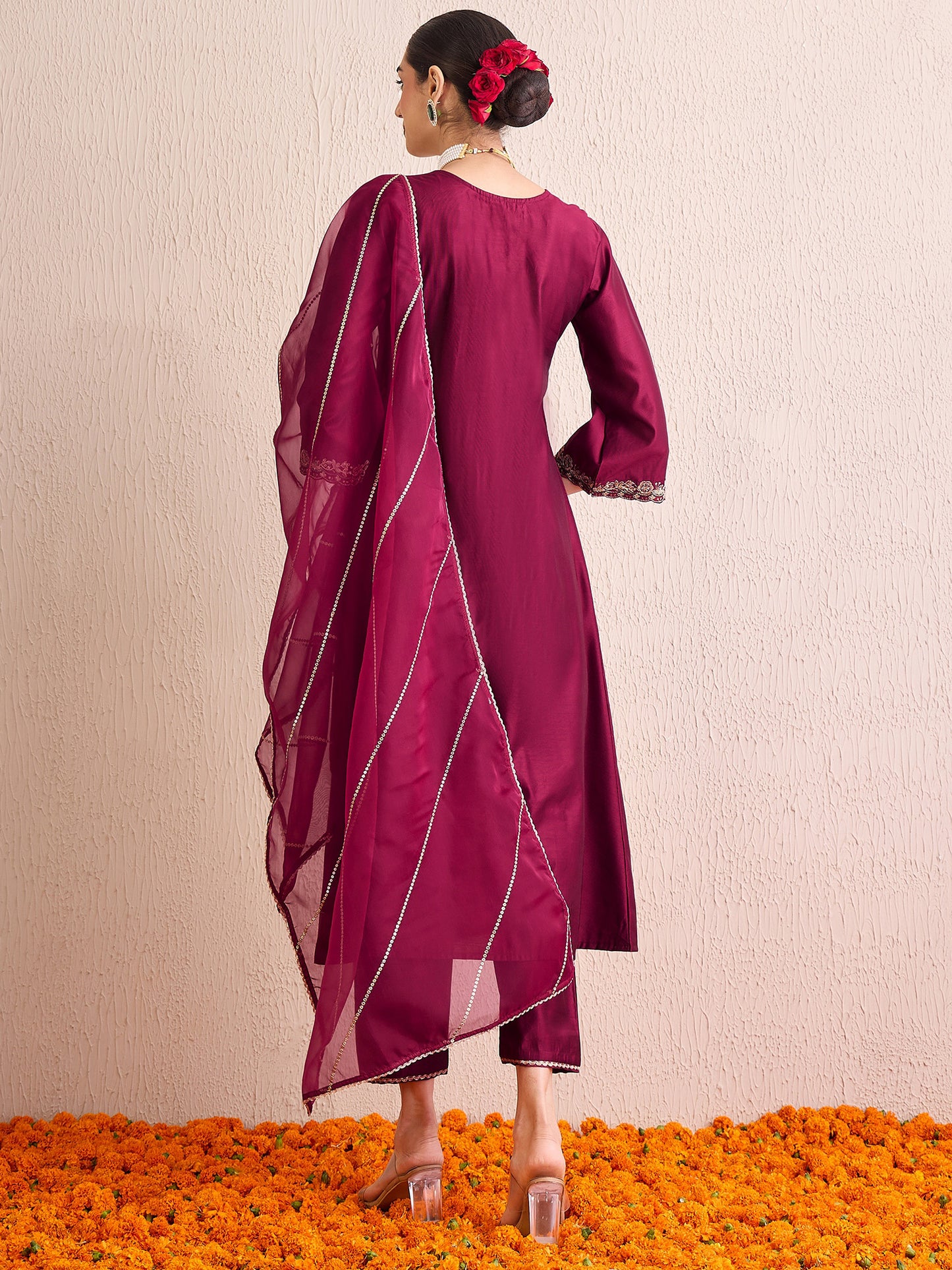 IE Burgundy Embroidered A-Line Kurta Palazzos With Dupatta  Set