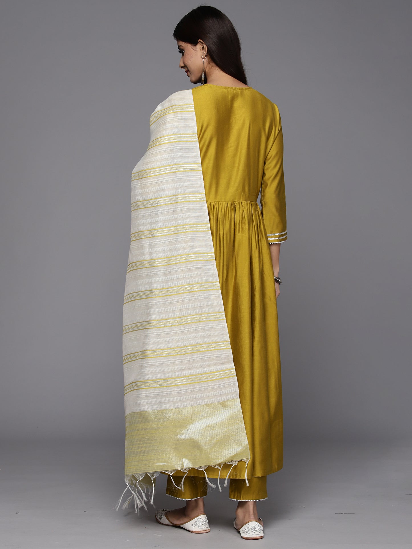 IE Olive Embroidered A-Line Kurta Trousers With Dupatta Set