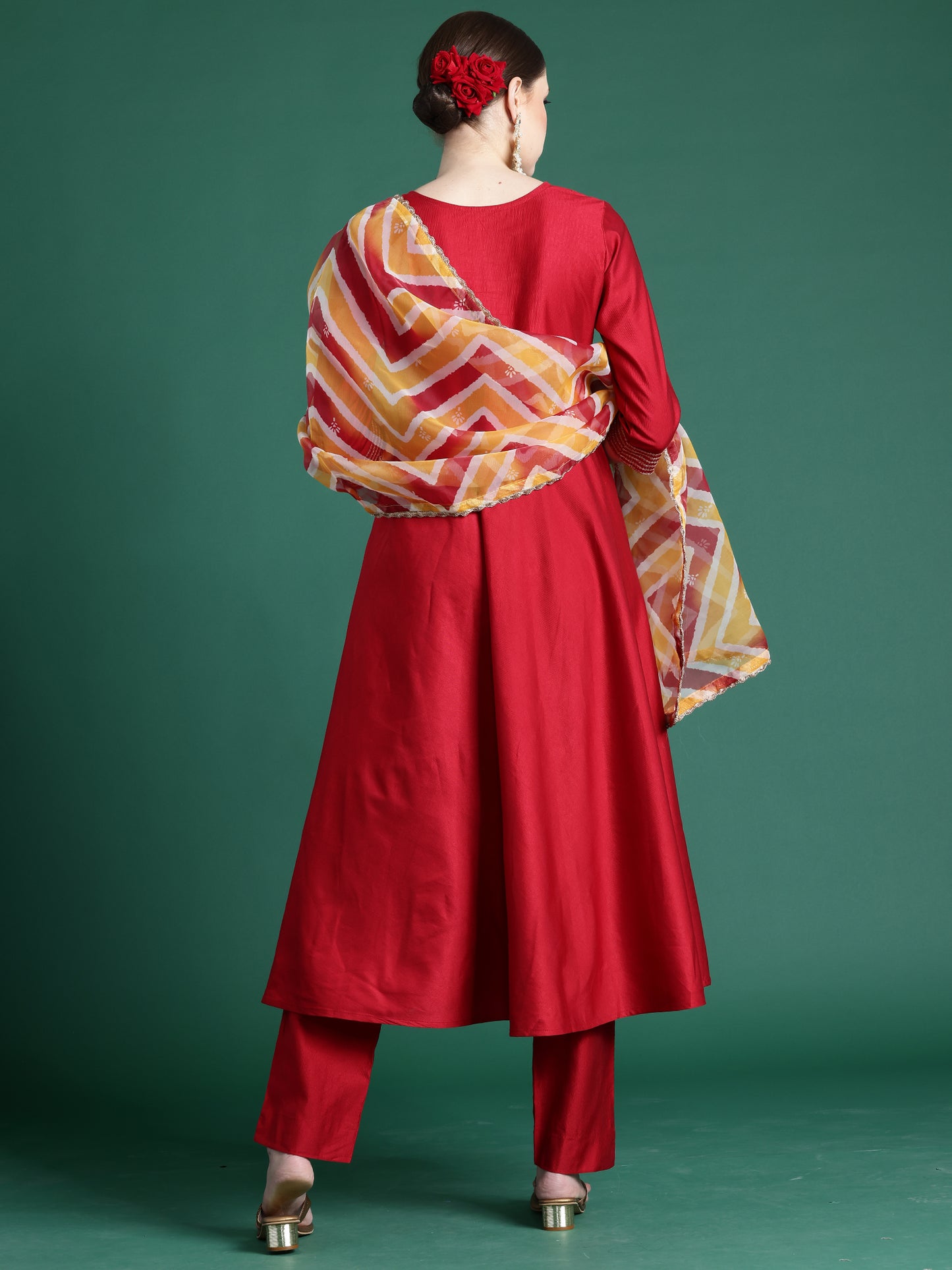 IE Red Embroidered A-Line Kurta Trousers With Dupatta set