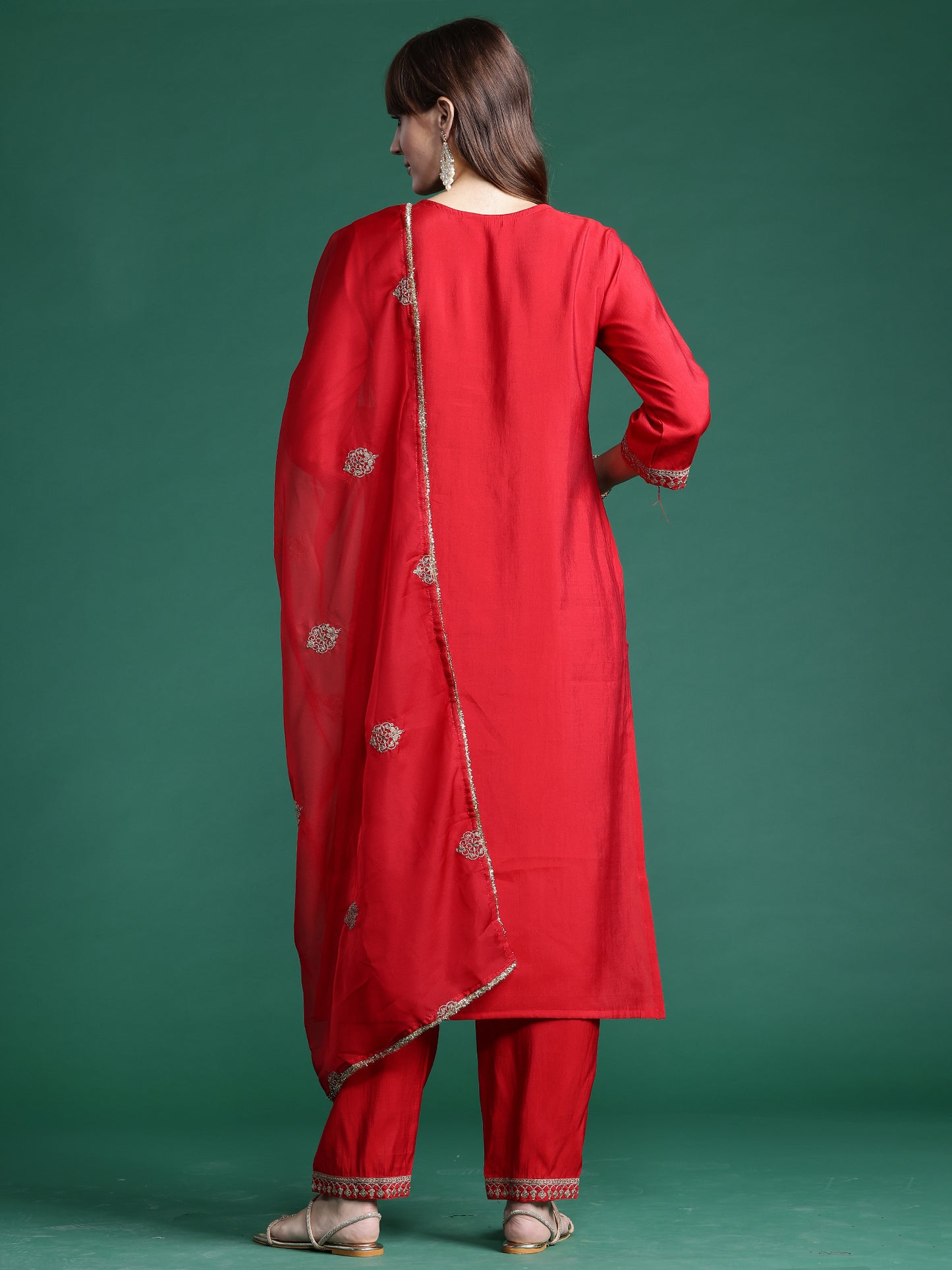 IE Red Embroidered Straight Kurta Trousers With Dupatta  Set