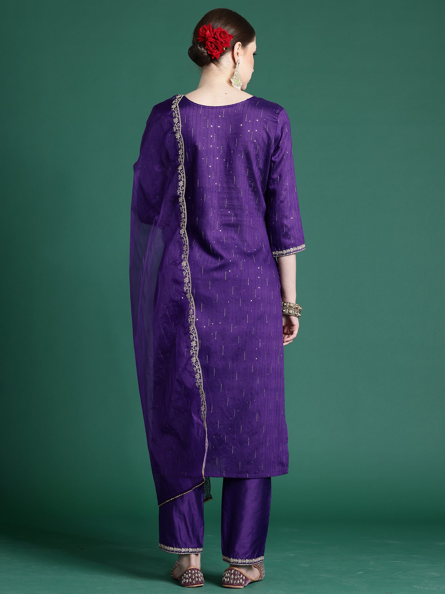 IE Purple Embroidered Straight Kurta Trousers With Dupatta set