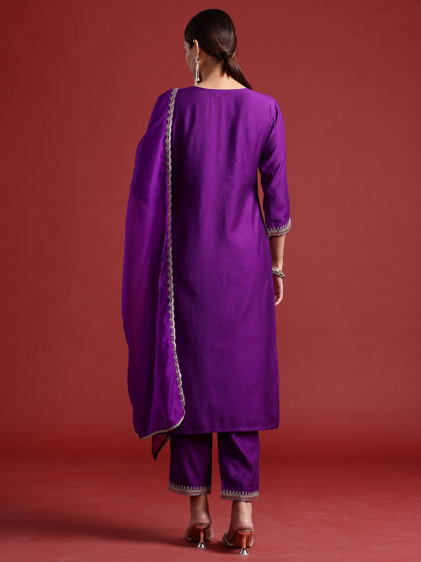 IE Purple Embroidered Straight Kurta Trousers With Dupatta set