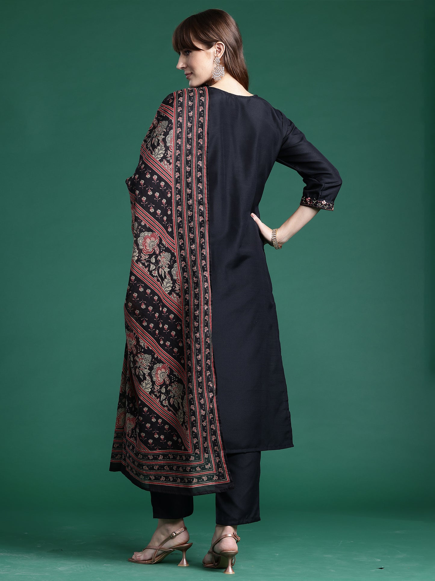 IE Black Embroidered Straight Kurta Trousers With Dupatta  Set