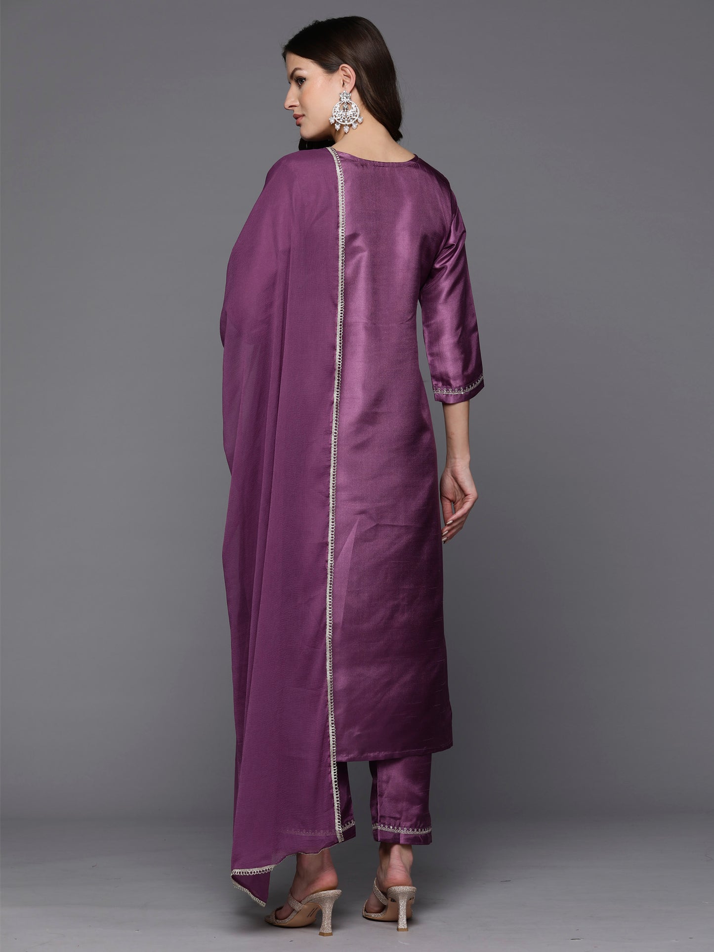 IE Lavender Embroidered Straight Kurta Trousers With Dupatta Set