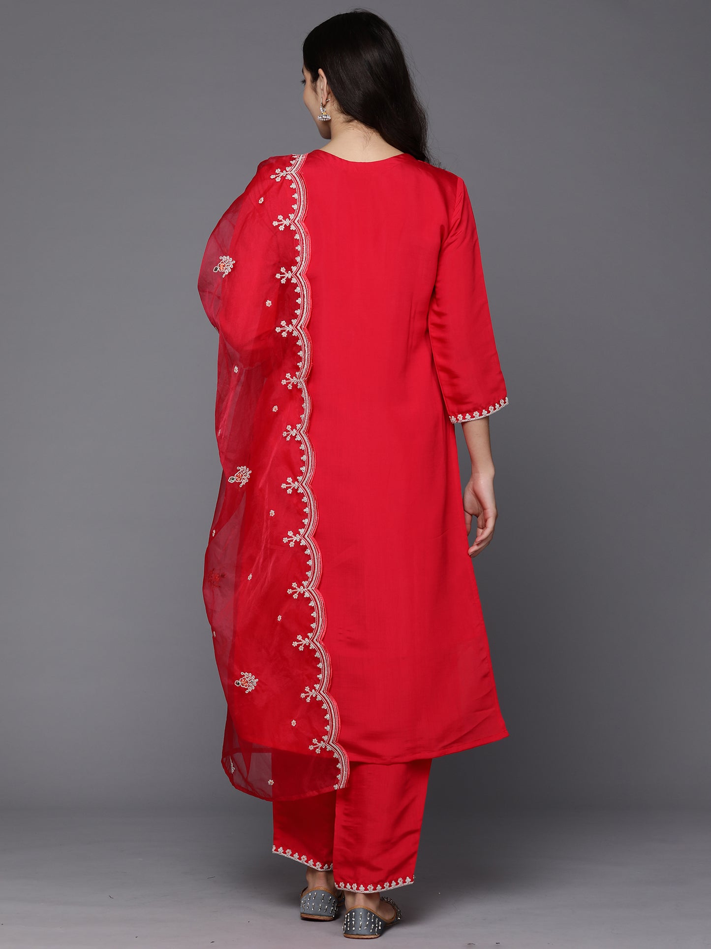 IE Magenta Embroidered Straight Kurta Trousers With Dupatta set