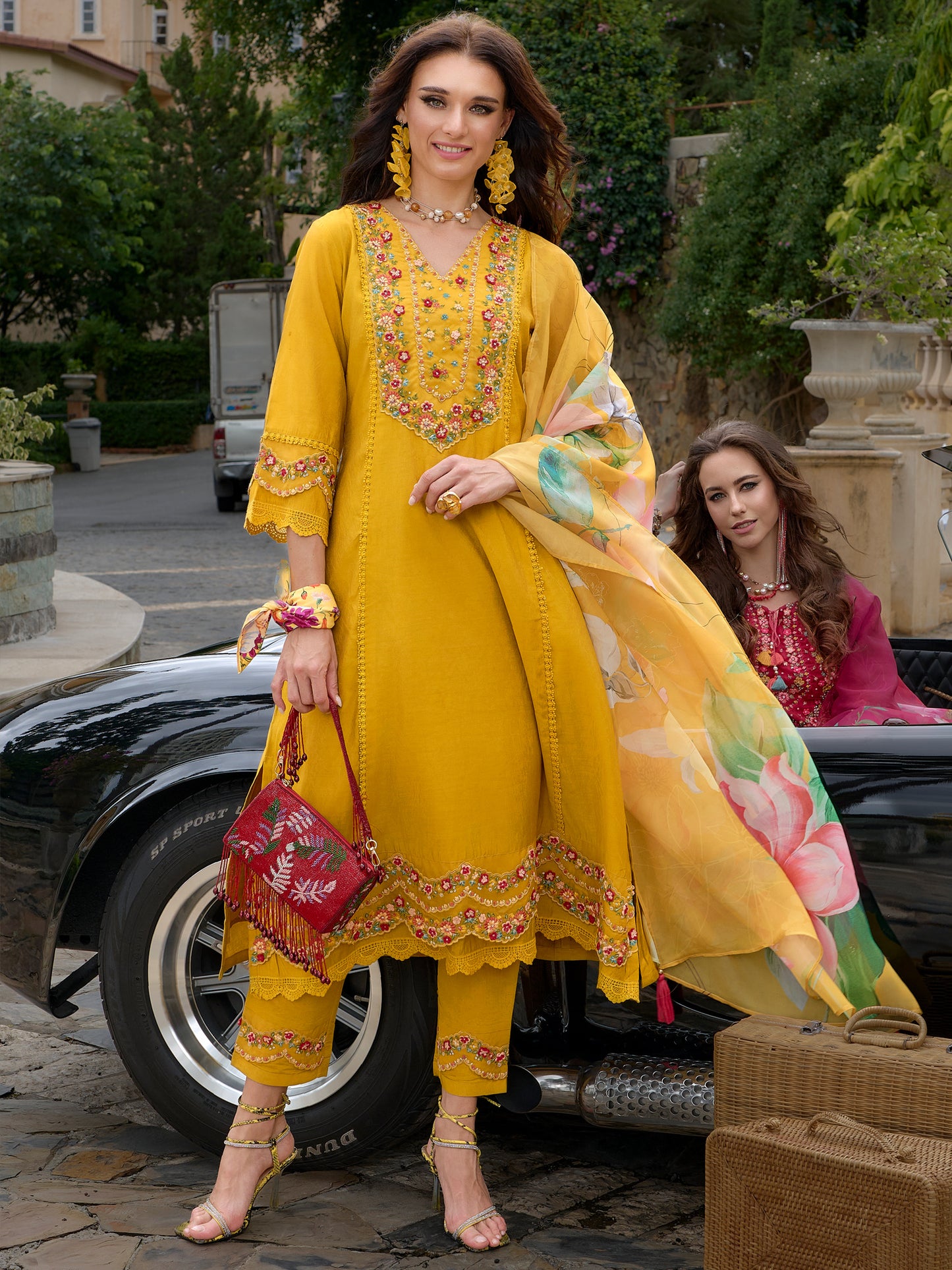 IE Mustard Embroidered A-Line Kurta Trousers With Dupatta Set