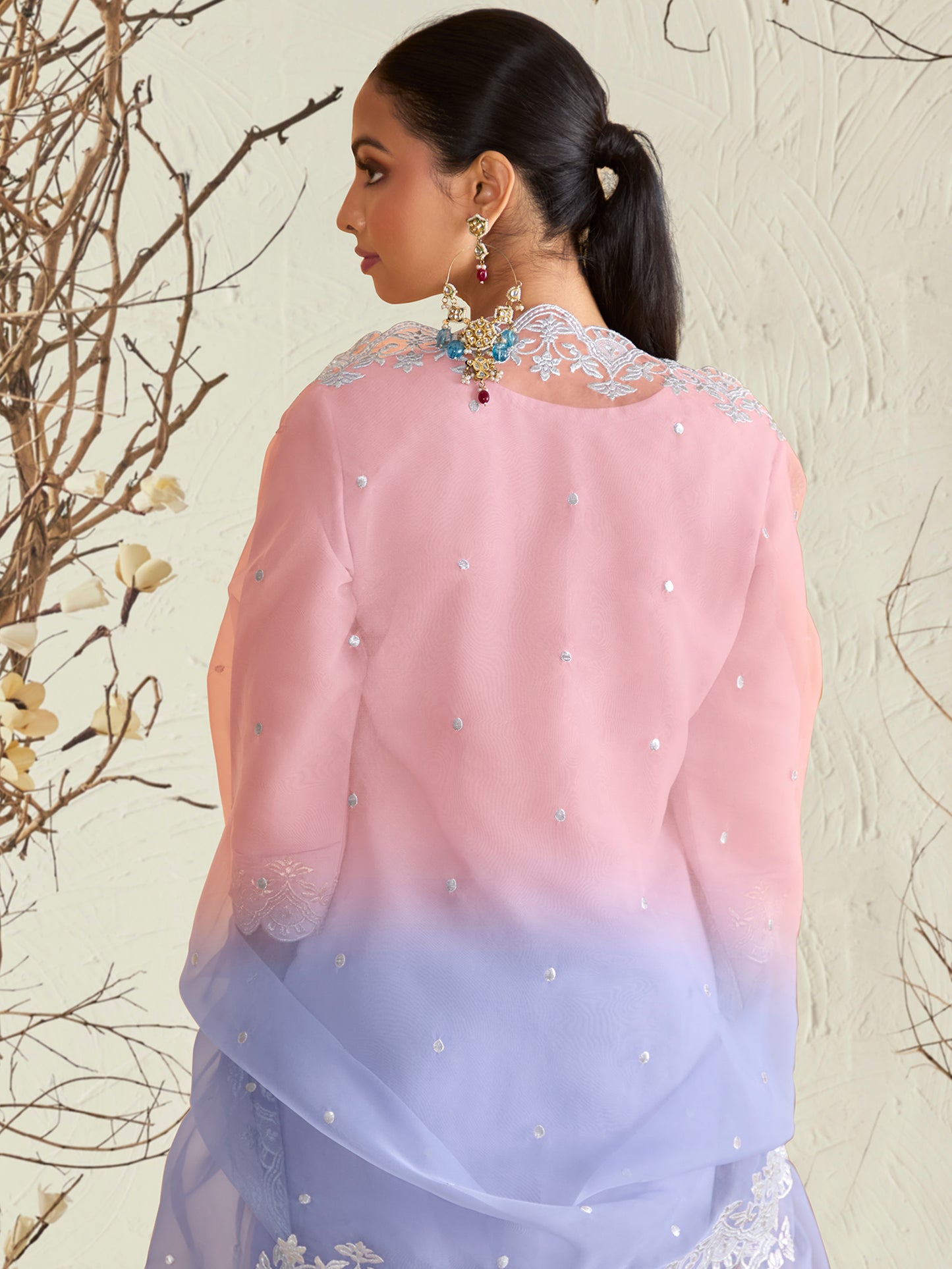 IE Lavender Straight Embroidered Kurta Trousers With Dupatta Set