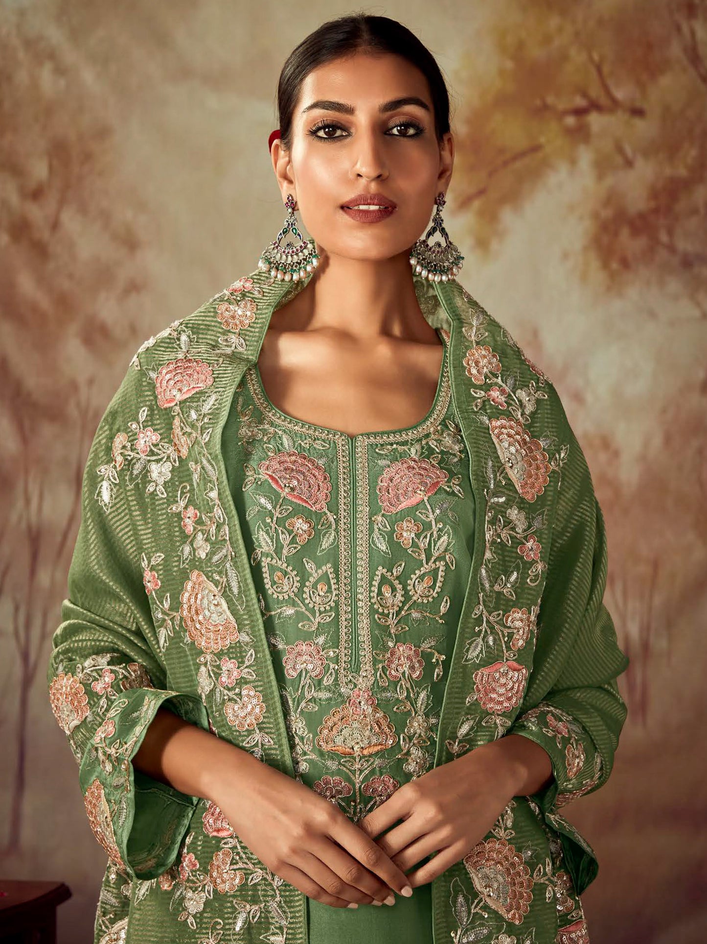 IE Green Embroidered Straight Kurta Trousers With Dupatta set