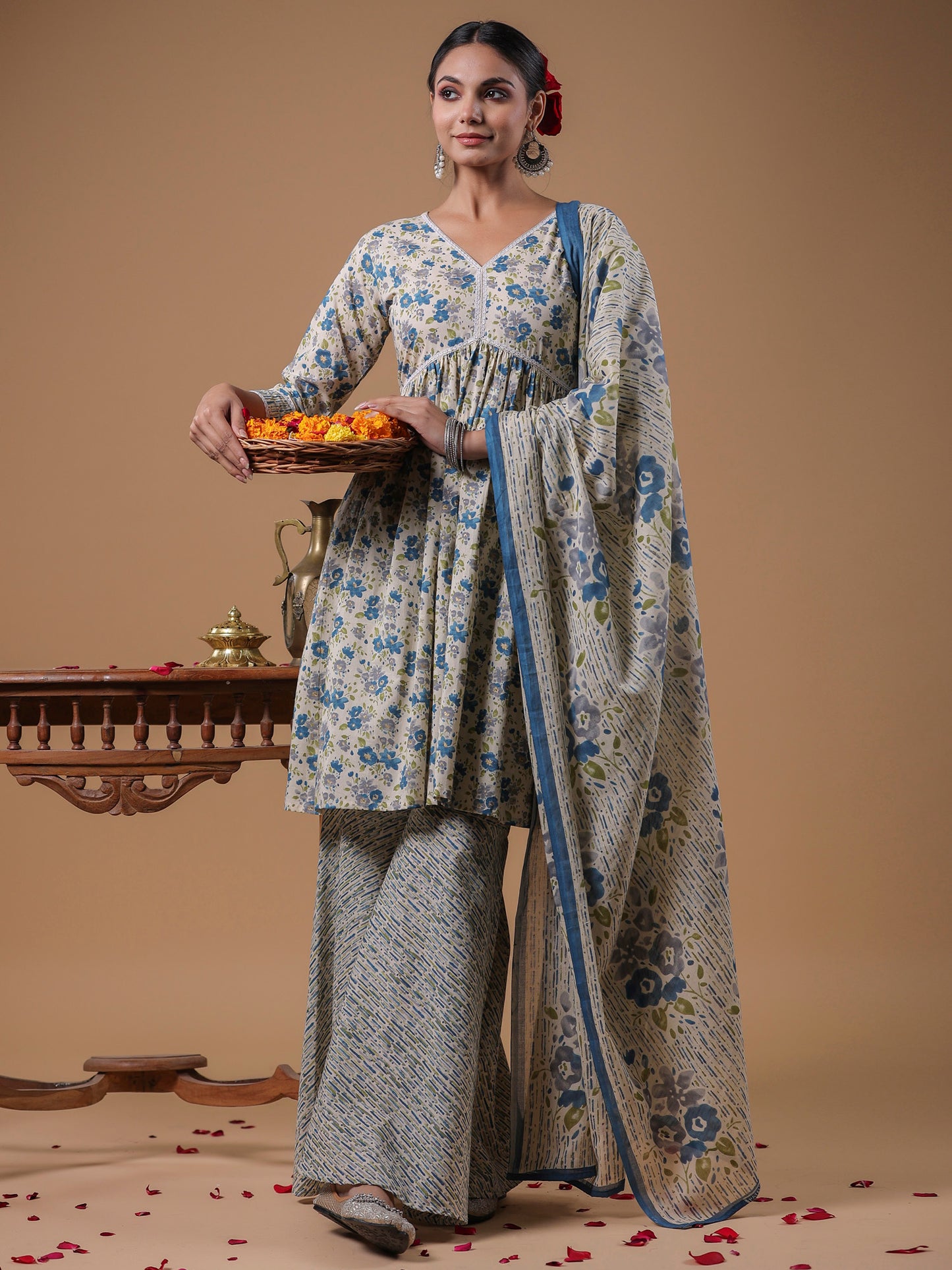 IE Beige Printed A-Line Kurta Sharara With Dupatta set