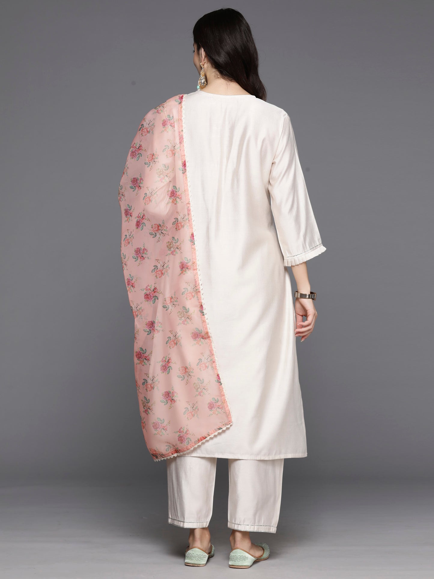 IE Off White Embroidered Straight Kurta Trousers With Dupatta Set