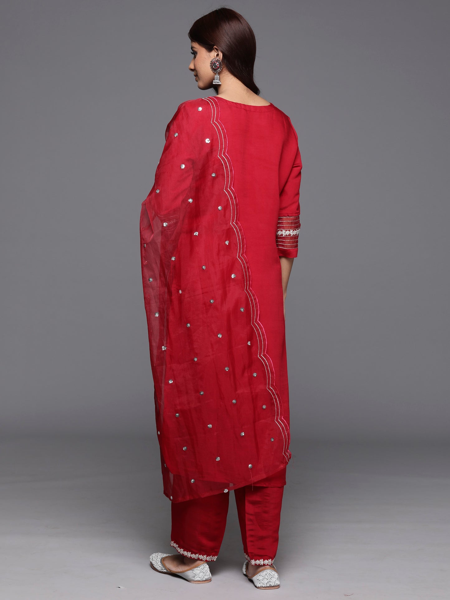 IE Red Embroidered Straight Kurta Trousers With Dupatta Set