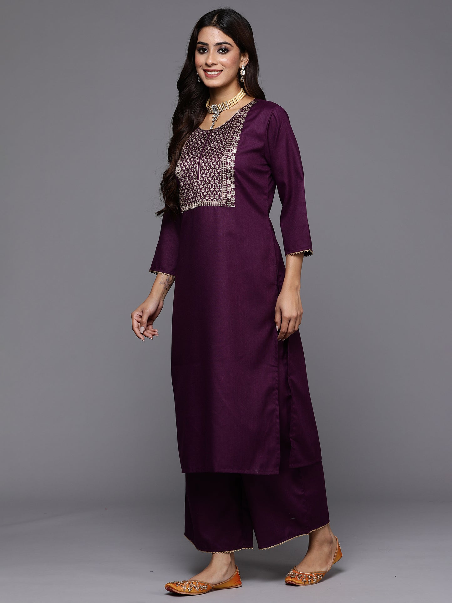 IE Purple Yoke Design Straight Kurta Palazzos With Dupatta Set