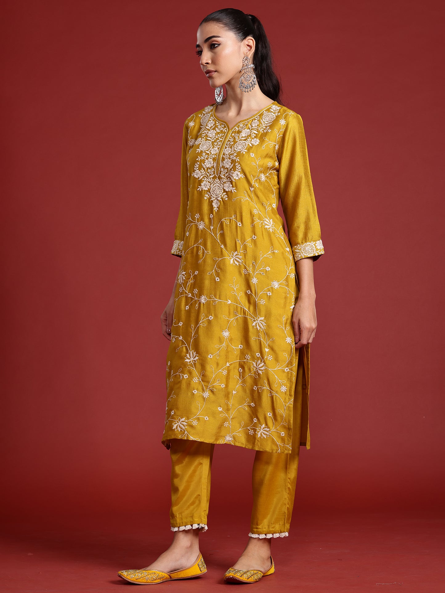 IE Yellow Embroidered Straight Kurta Trousers With Dupatta  Set