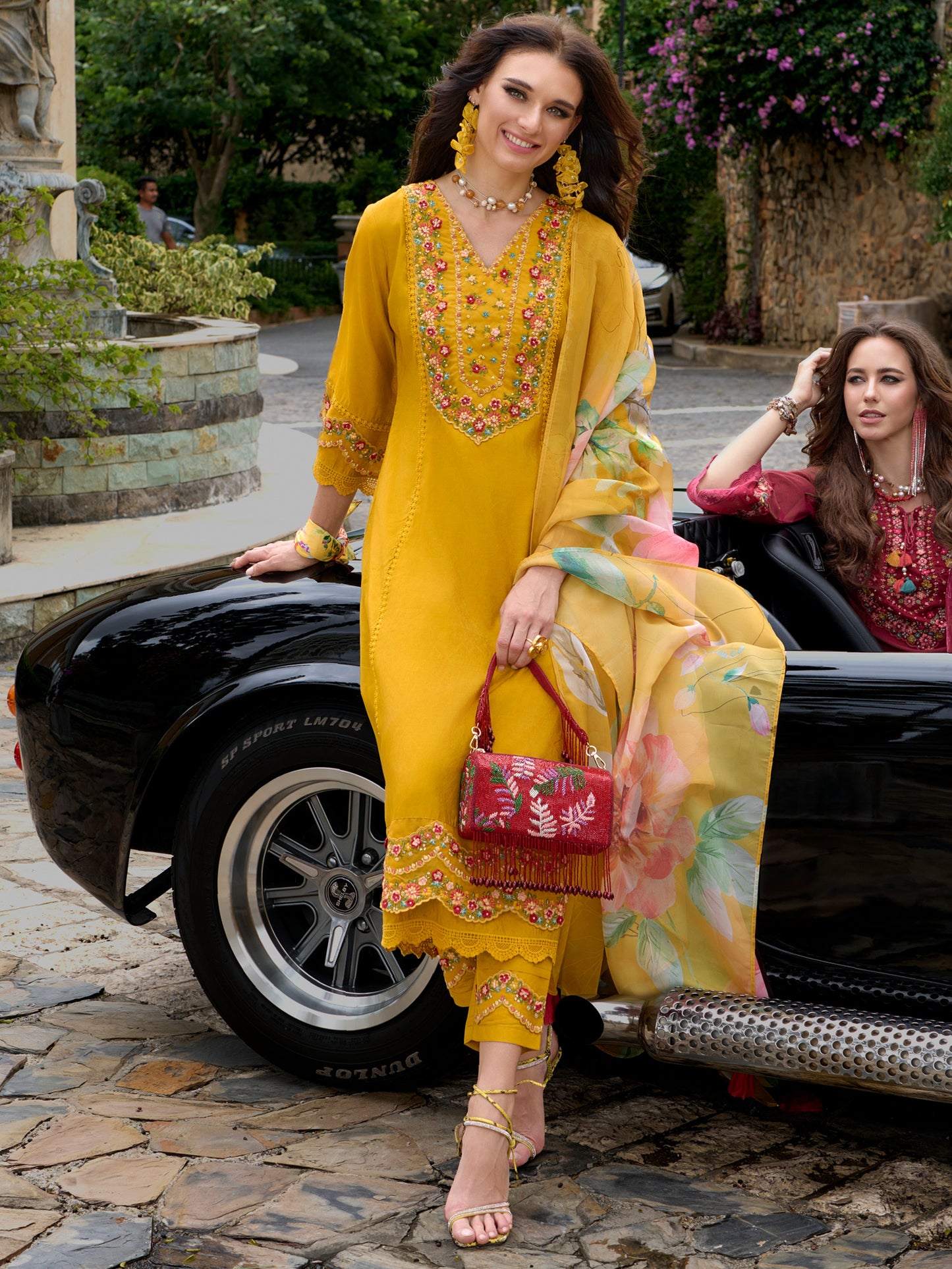 IE Mustard Embroidered A-Line Kurta Trousers With Dupatta Set