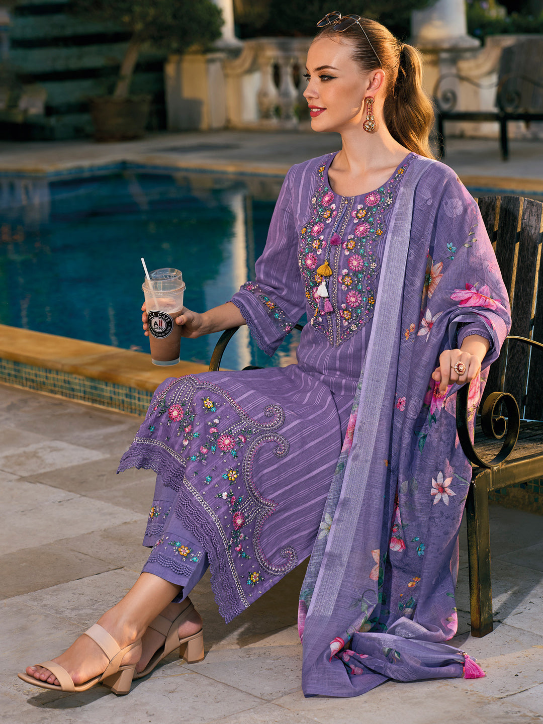 IE Purple Embroidered Straight Kurta Trousers With Dupatta set