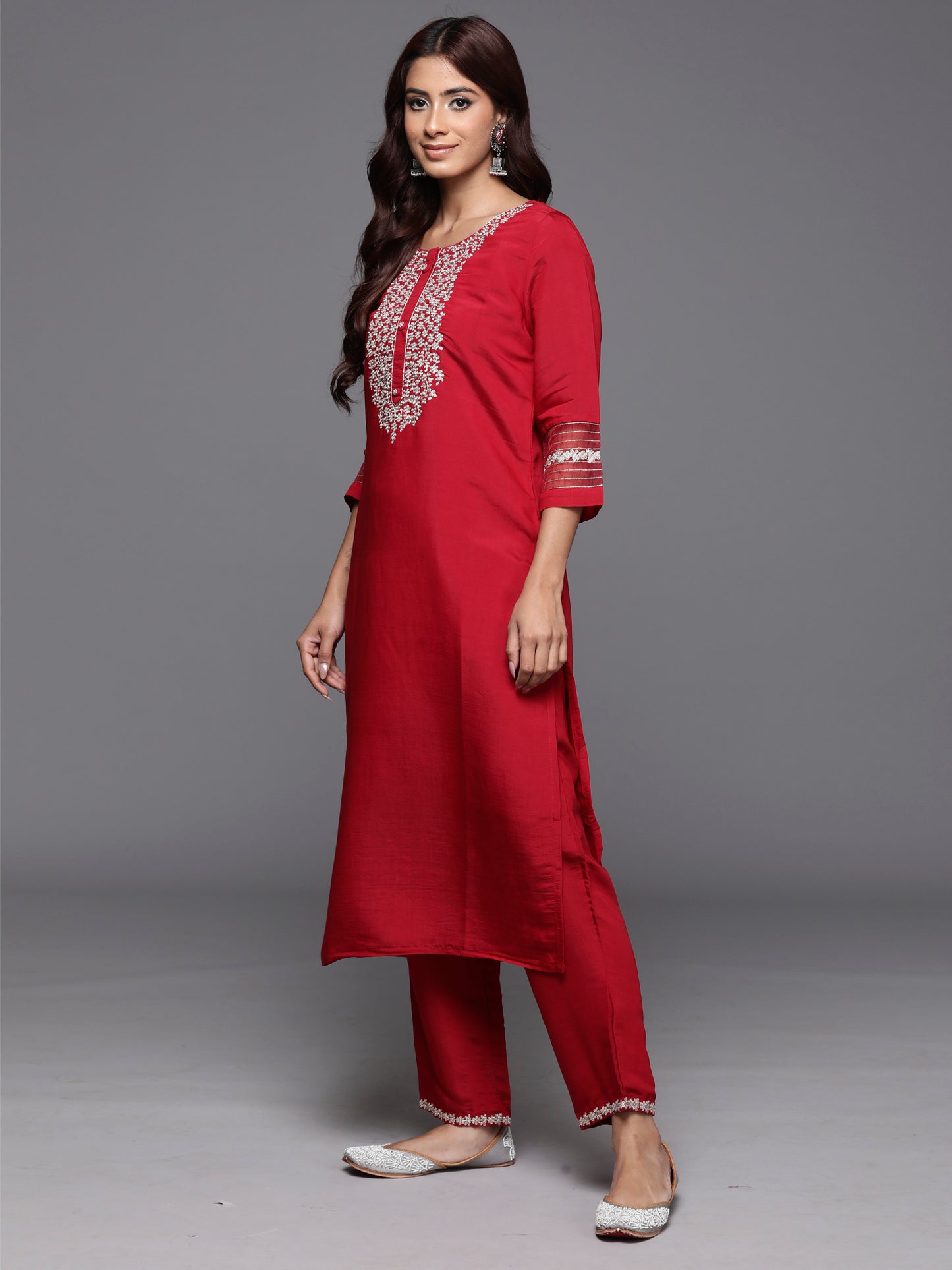 IE Red Embroidered Straight Kurta Trousers With Dupatta Set