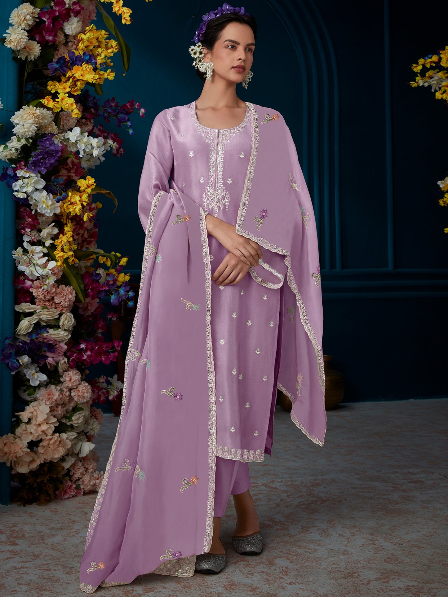 IE Lavender Straight Embroidered Kurta Trousers With Dupatta Set