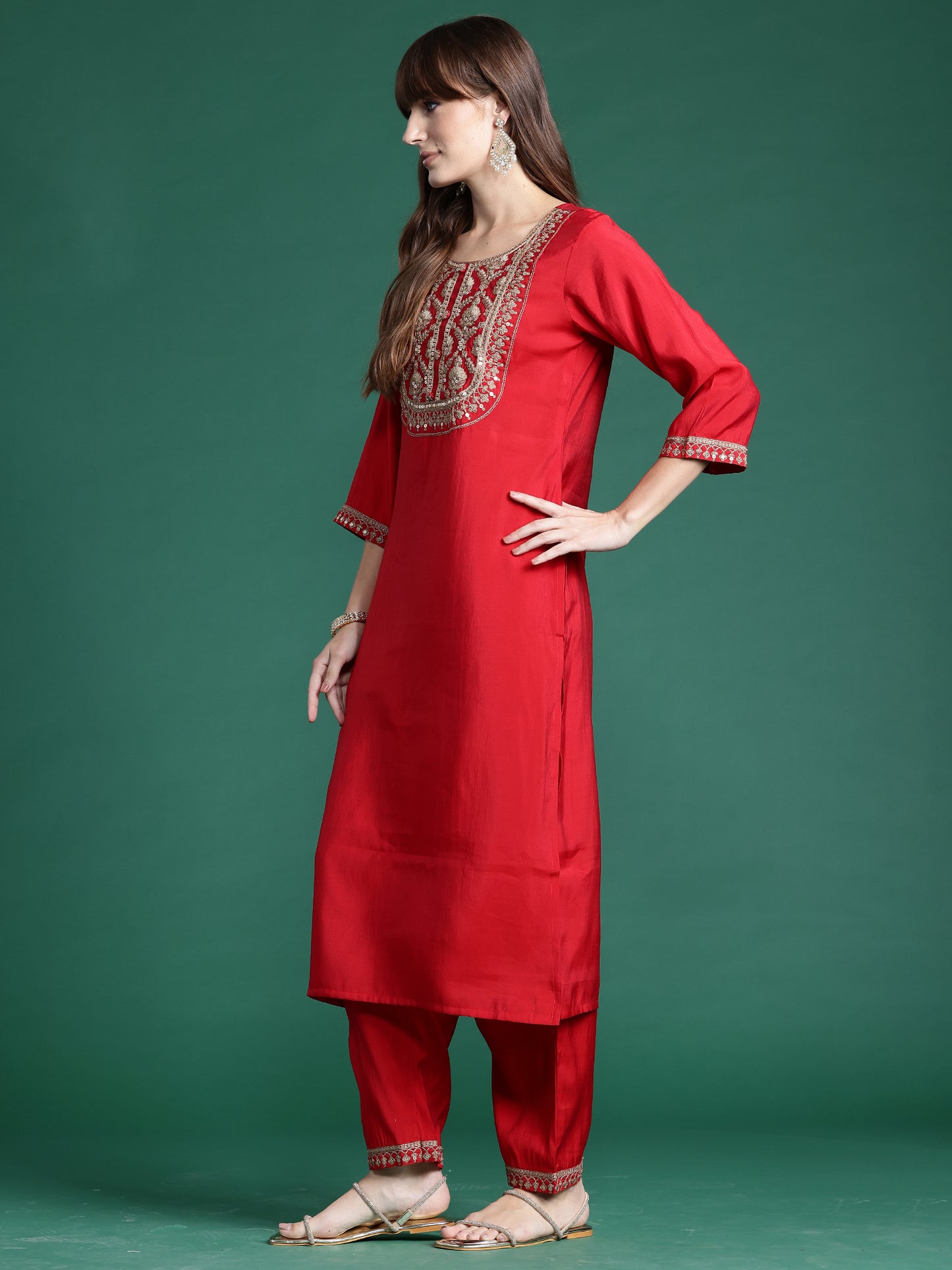 IE Red Embroidered Straight Kurta Trousers With Dupatta  Set