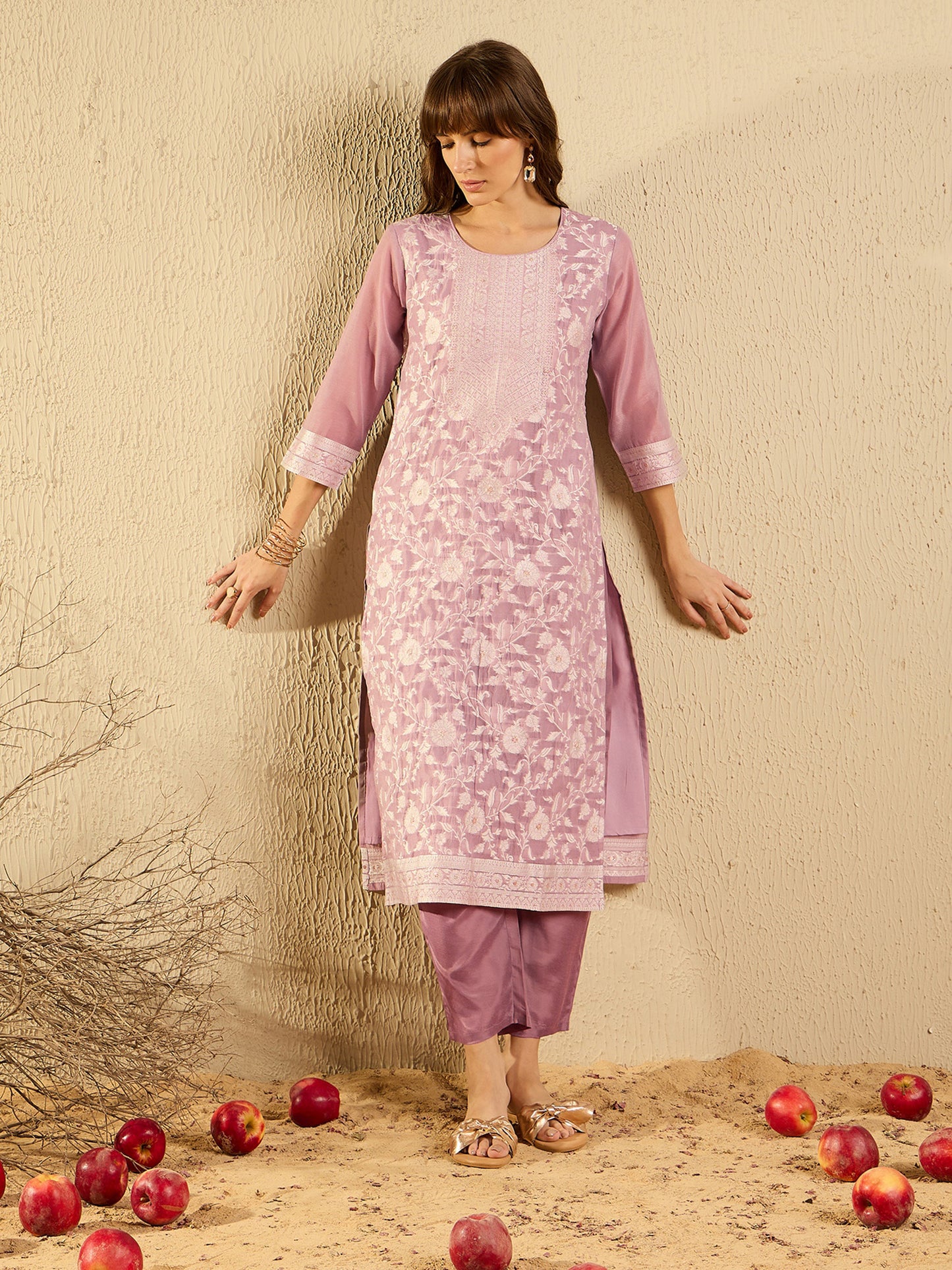 IE Mauve Woven Design Straight Kurta Trousers set