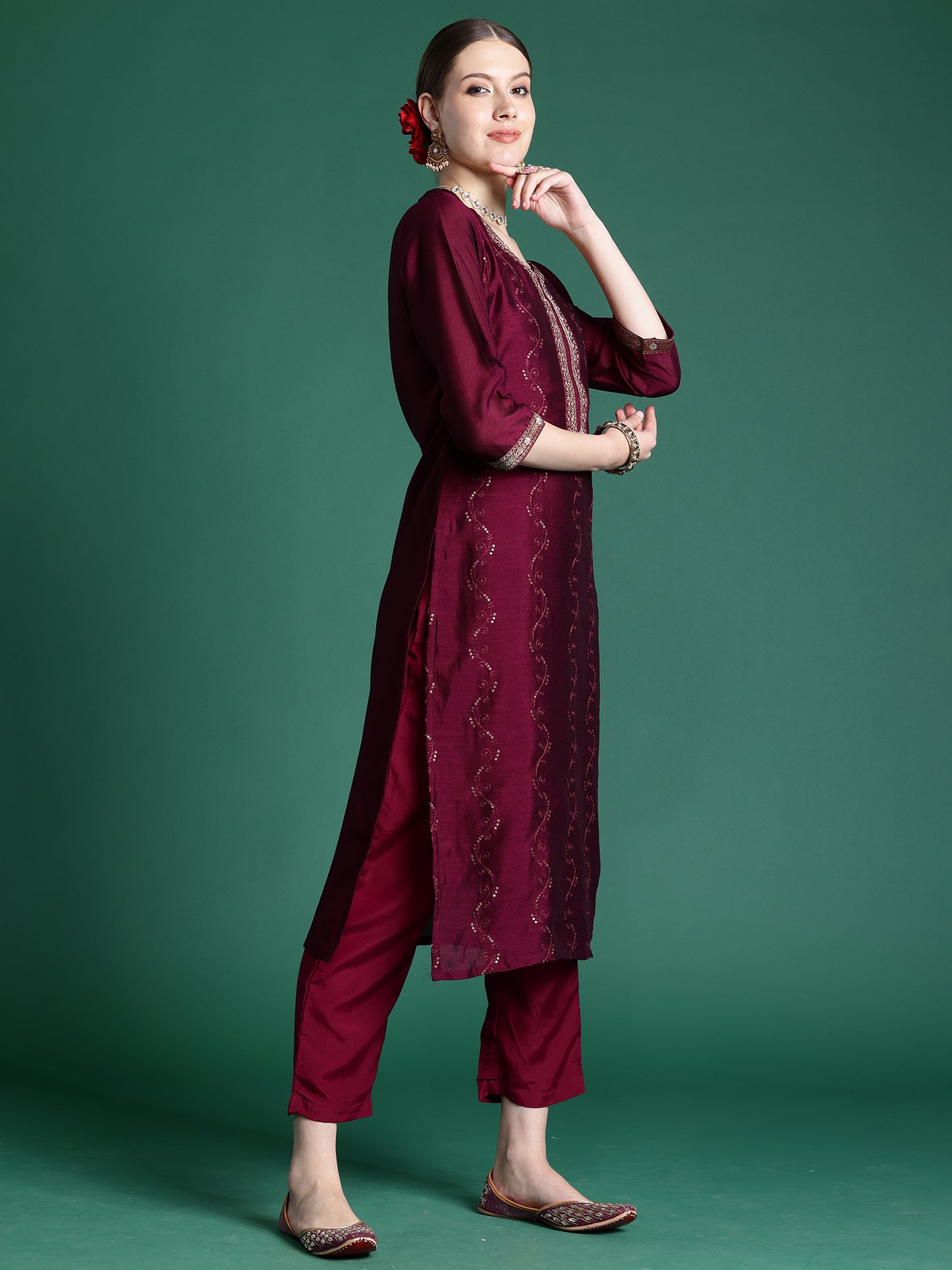 IE Burgundy Embroidered Straight Kurta Trousers With Dupatta set