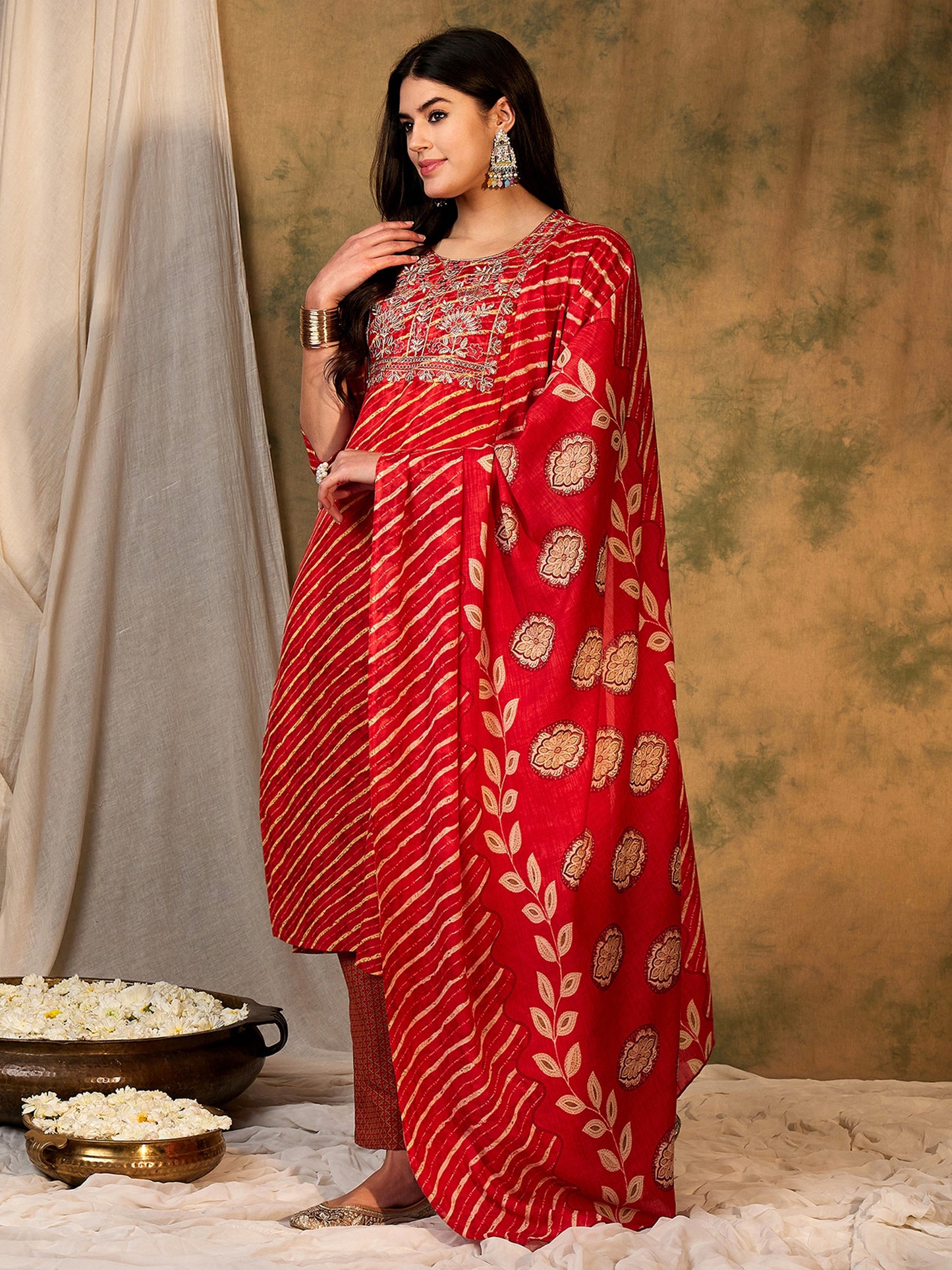 IE Red Printed Straight Kurta Trousers With Dupatta set